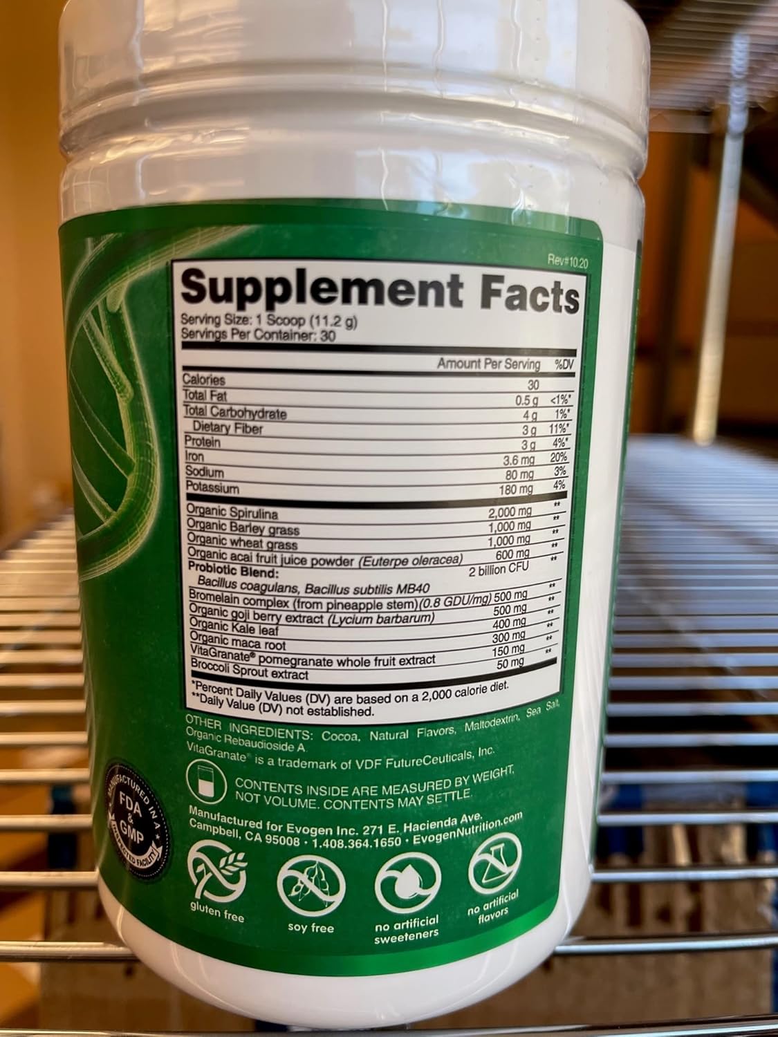 Evogen Evogreens Chocolate Superfood Blend with Spirulina, Pomegranate, Probiotics, and Kale - 30 Servings