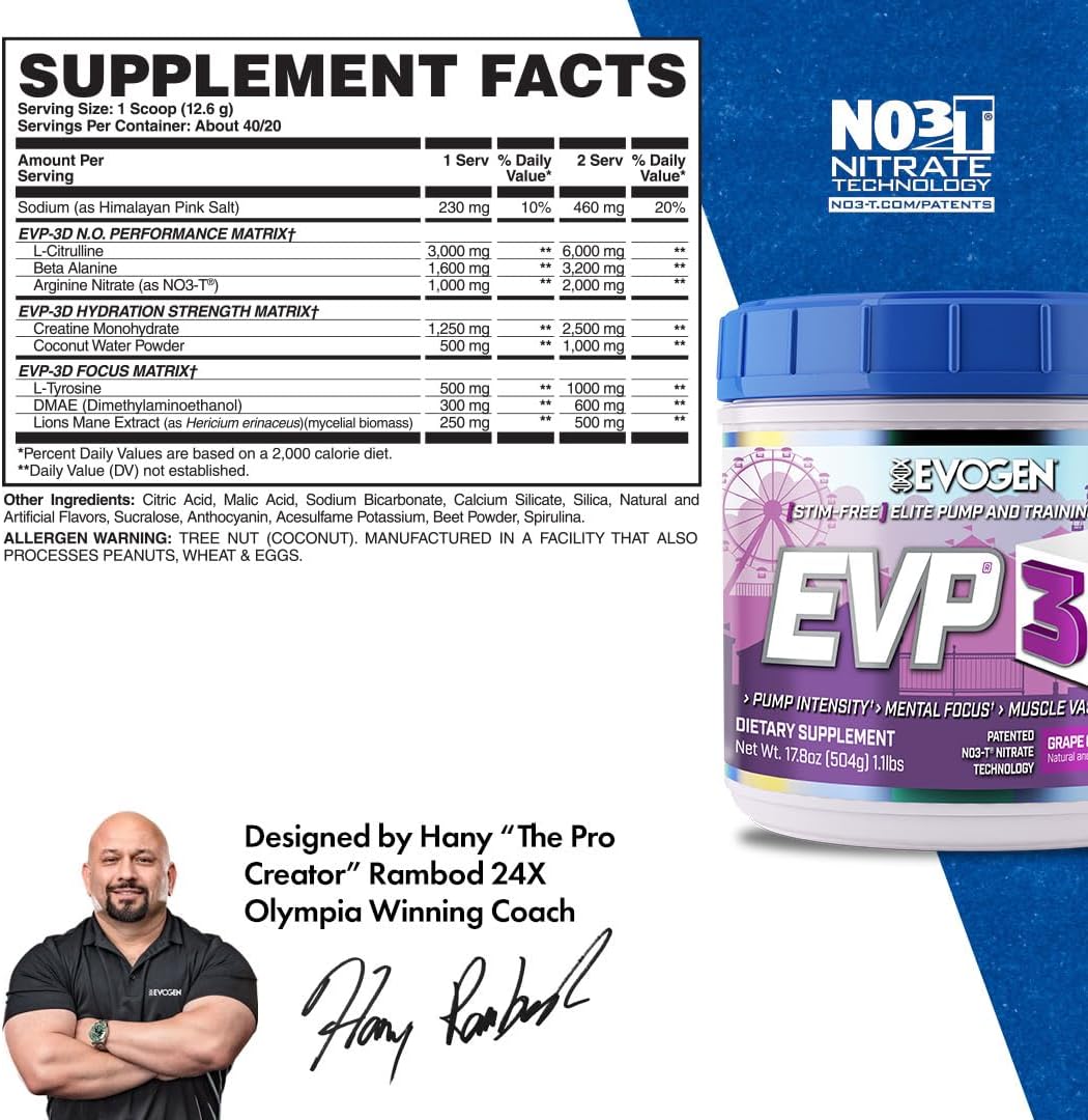 Evogen EVP-3D Pre-Workout Pump Ignitor with Arginine Nitrate and Citrulline, Grape Cotton Candy Flavor