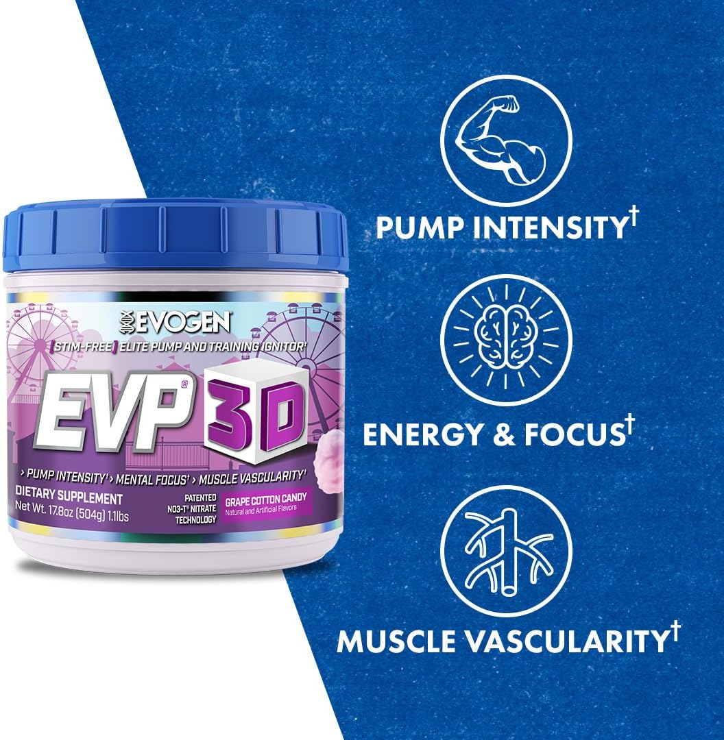 Evogen EVP-3D Pre-Workout Pump Ignitor with Arginine Nitrate and Citrulline, Grape Cotton Candy Flavor