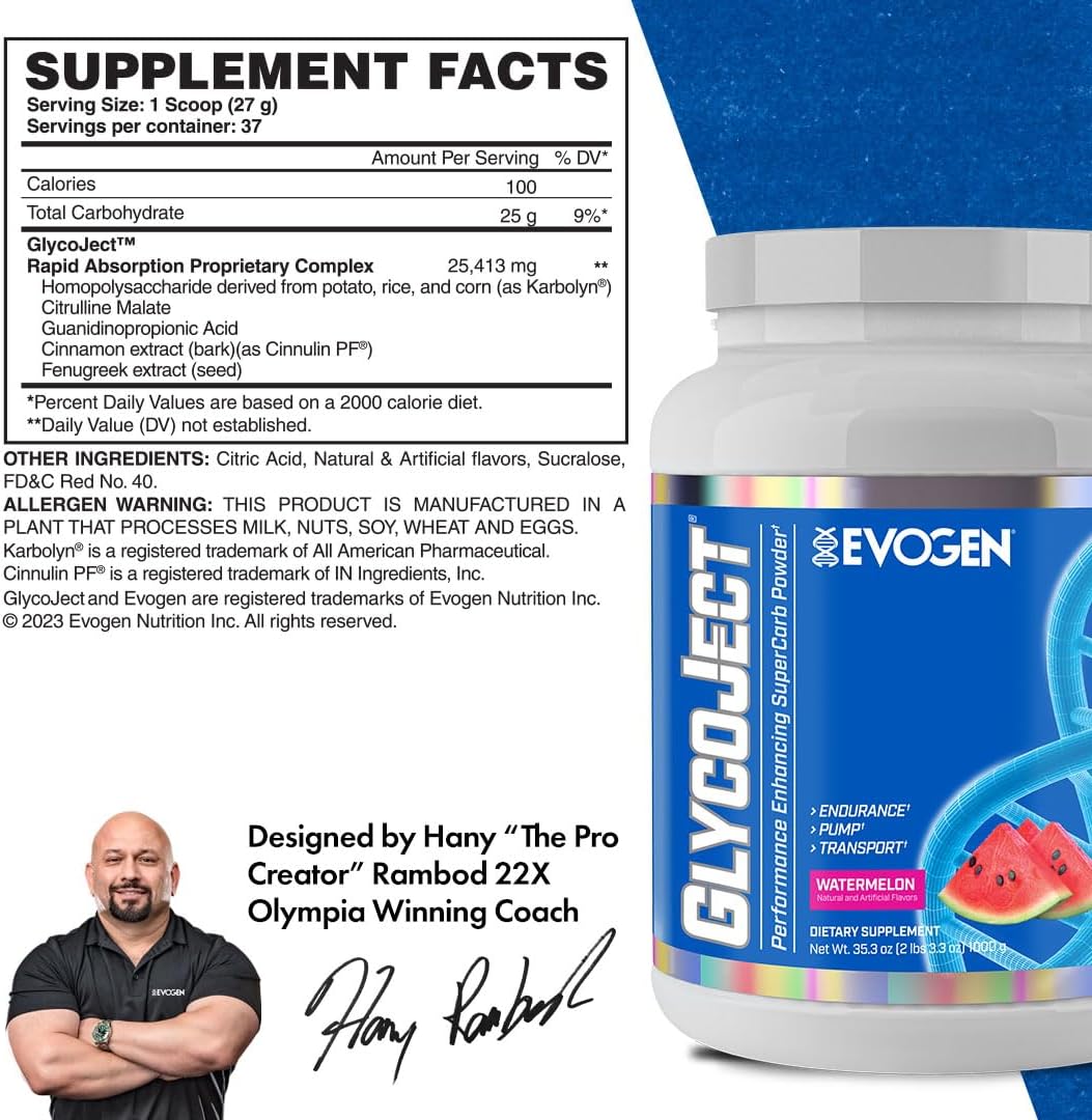 Evogen GlycoJect Super Carb Powder - Rapid Absorption Pre/Post Workout for Men & Women - Watermelon Flavor - 37 Servings - BoostGo Australia