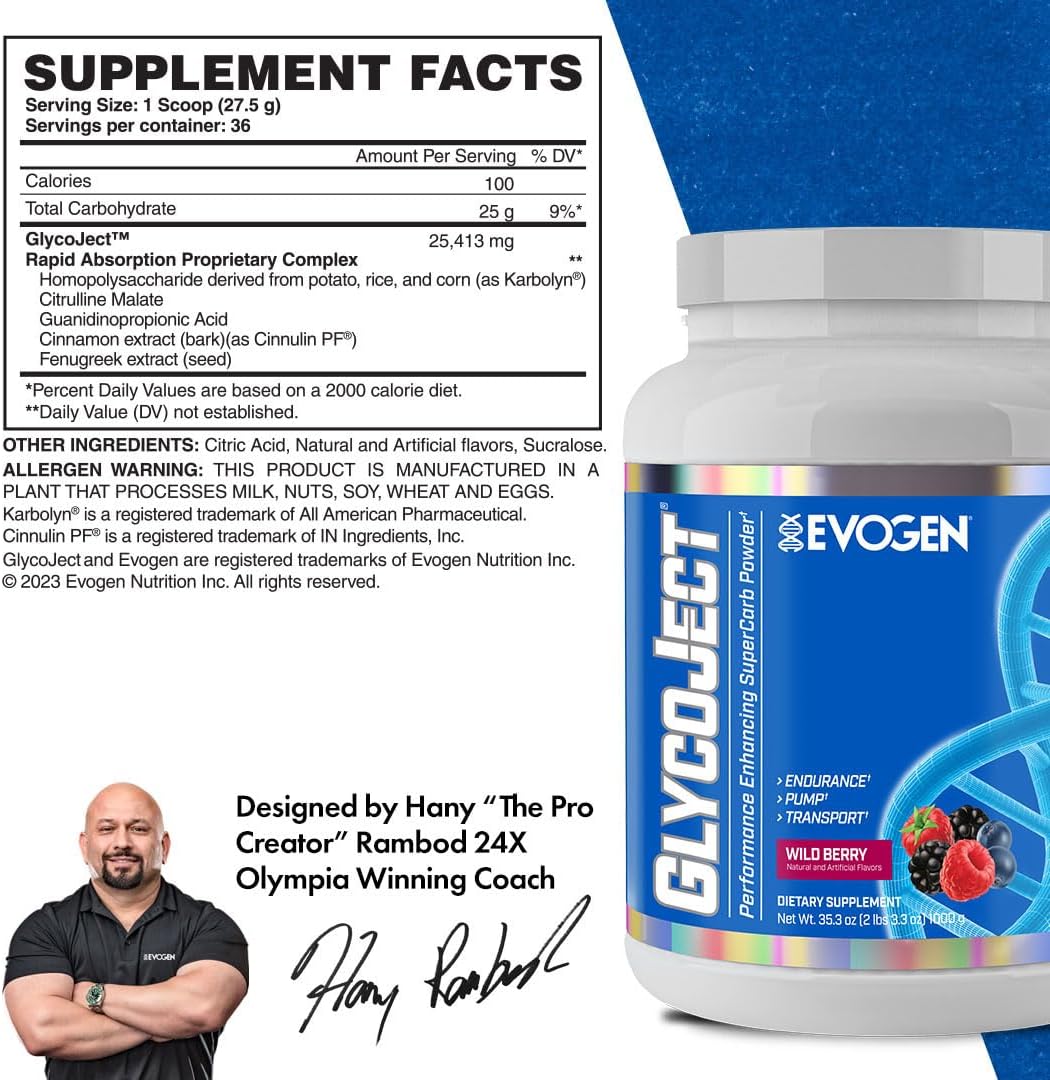 Evogen GlycoJect Super Carb Powder - Wild Berry Flavor - Pre & Post-Workout Carbohydrate Supplement - Rapid Absorption for Men and Women - 36 Servings - BoostGo Australia