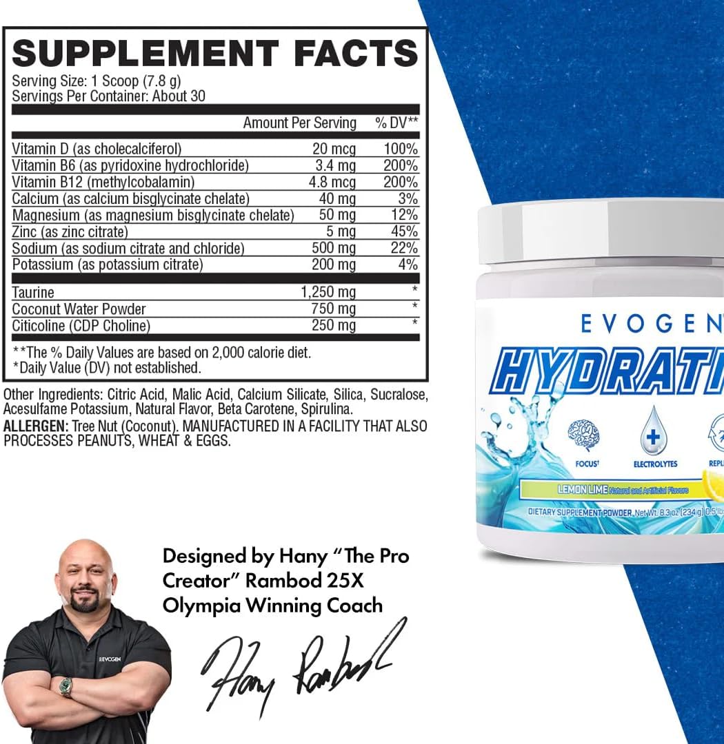 Evogen Hydration Electrolyte Powder Supplement - Sugar-Free Coconut Water with B Vitamins & Potassium for Energy & Recovery - Lemon Lime Flavor - 30 Servings