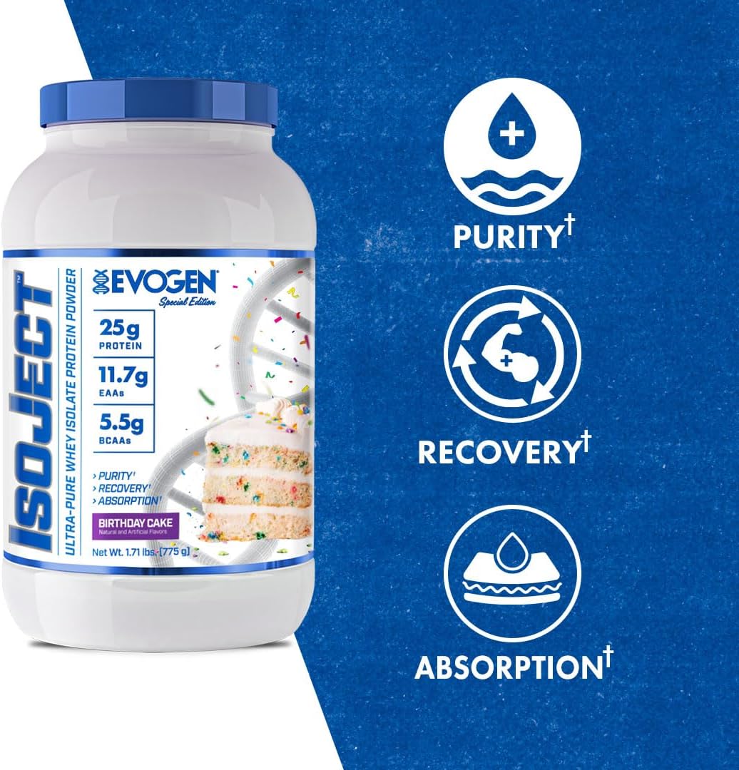 Evogen Isoject Birthday Cake Whey Protein Isolate Powder - 25 Servings, Enhanced Recovery & Absorption with BCAAs & EAAs