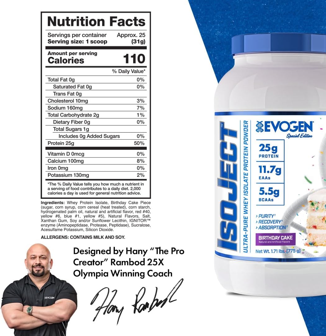 Evogen Isoject Birthday Cake Whey Protein Isolate Powder - 25 Servings | Enhanced Recovery & Absorption with BCAAs & EAAs
