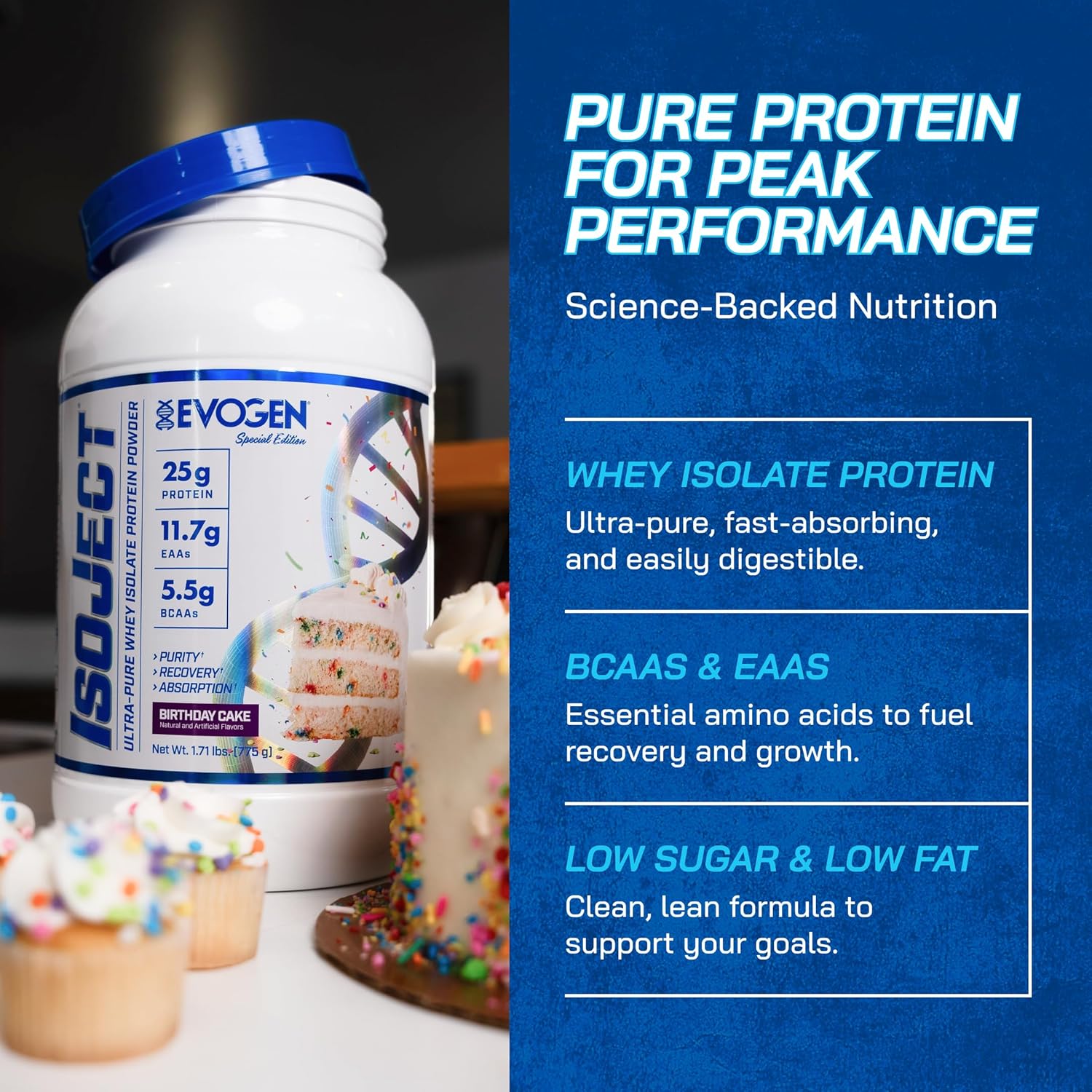 Evogen Isoject Birthday Cake Whey Protein Isolate Powder - 25 Servings | Enhanced Recovery & Absorption with BCAAs & EAAs