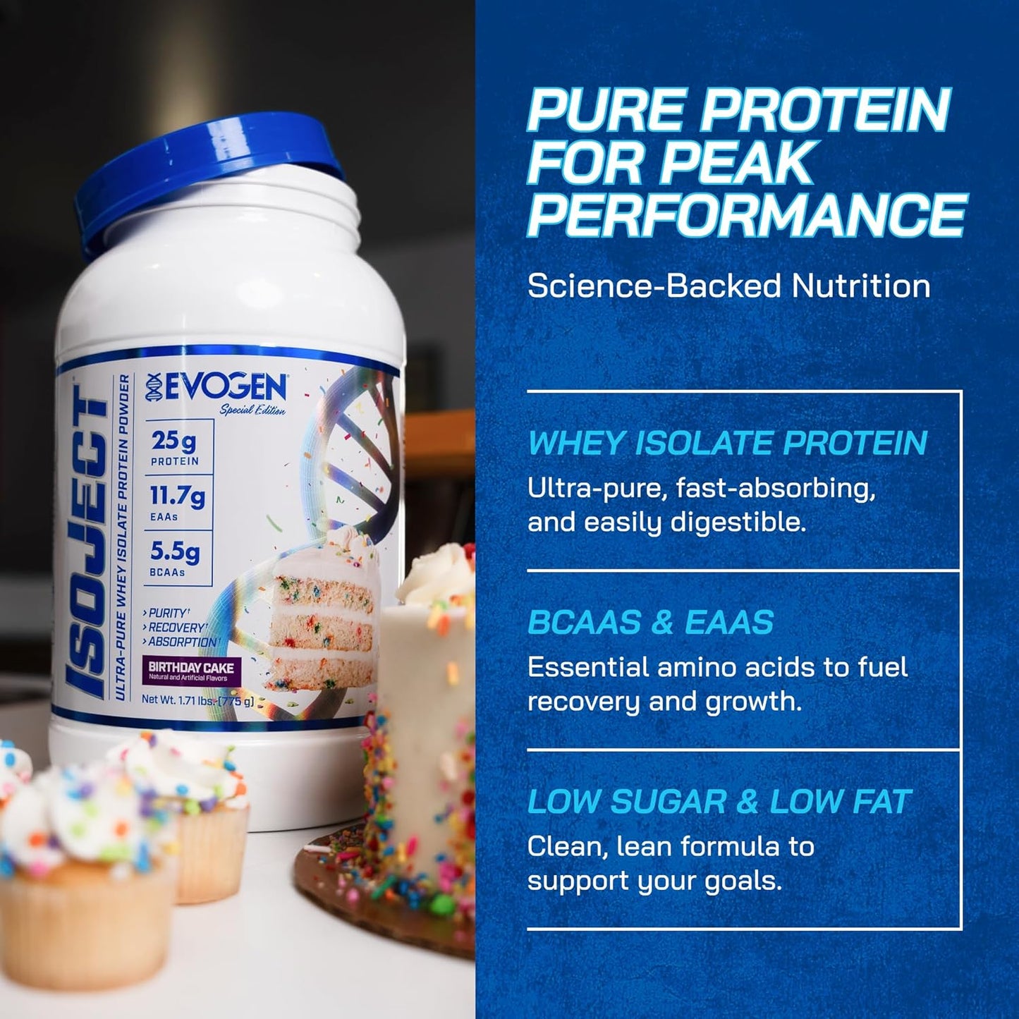 Evogen Isoject Birthday Cake Whey Protein Isolate Powder - 25 Servings, Enhanced Recovery & Absorption with BCAAs & EAAs