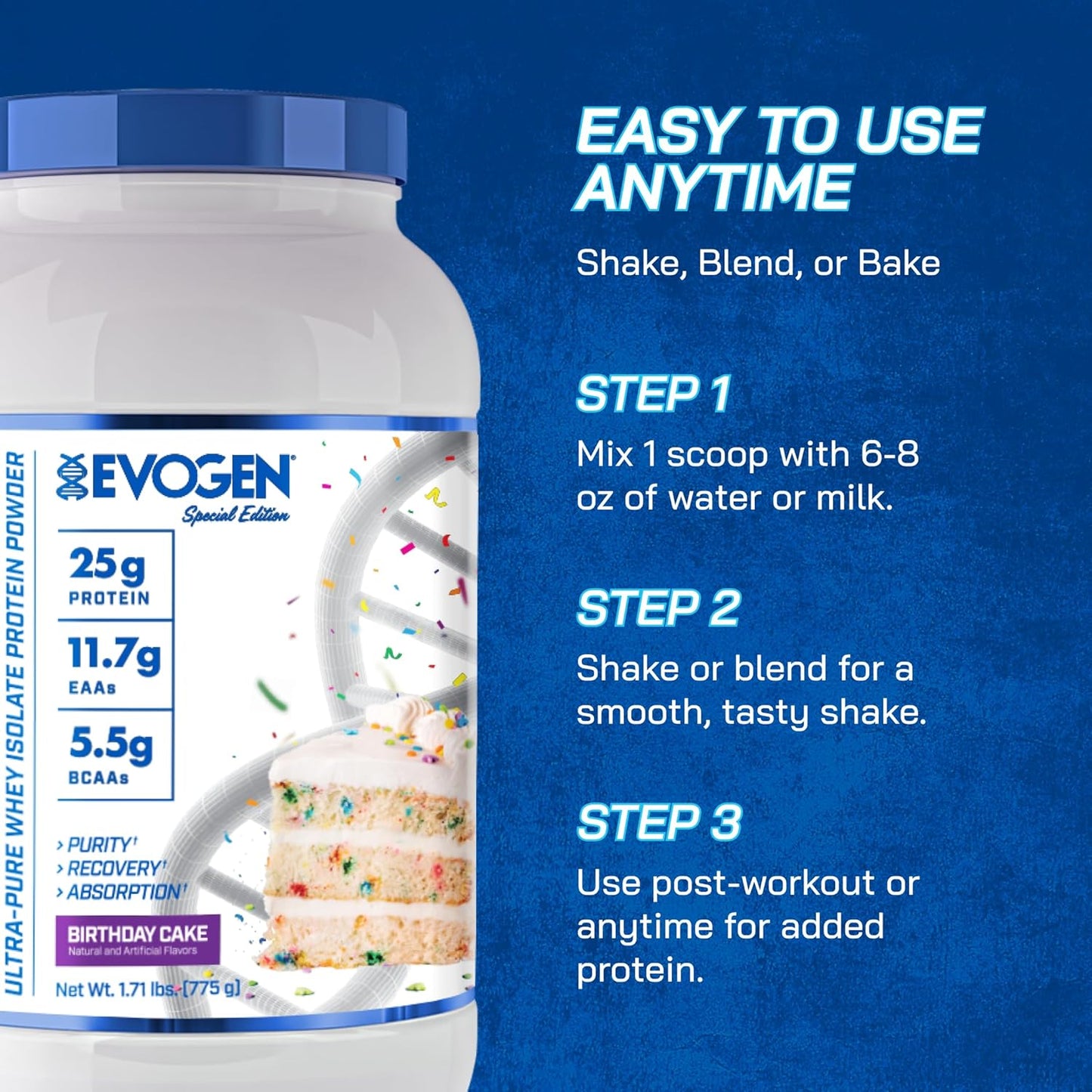 Evogen Isoject Birthday Cake Whey Protein Isolate Powder - 25 Servings, Enhanced Recovery & Absorption with BCAAs & EAAs