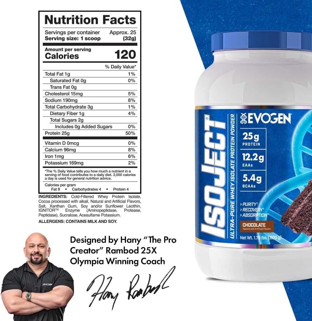 Evogen Isoject Chocolate Whey Protein Isolate Powder - 25 Servings | Enhanced Recovery & Absorption with Ignitor Enzymes, BCAAs, and EAAs