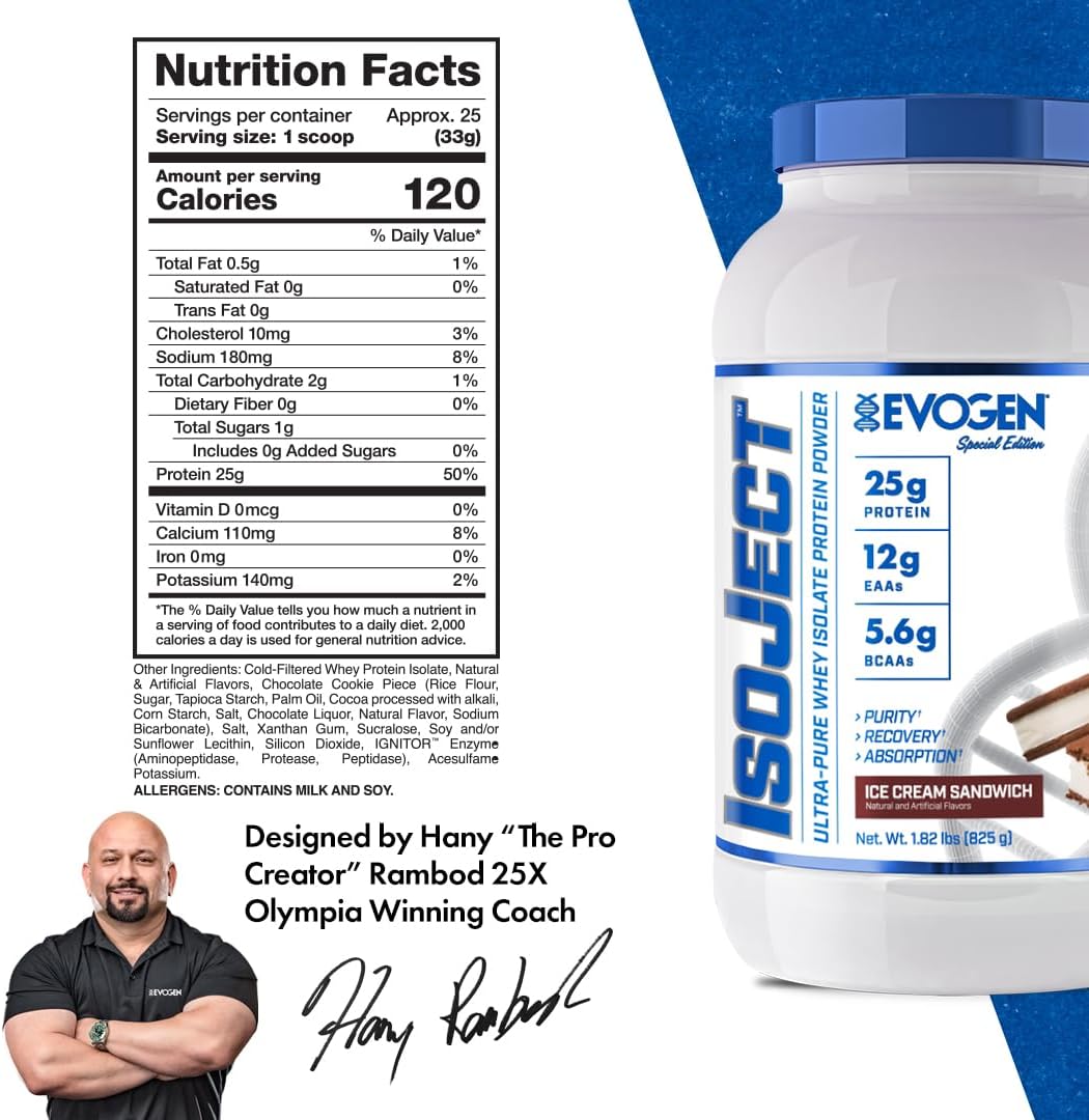 Evogen Isoject Ice Cream Sandwich Whey Protein Isolate Powder - Enhanced Recovery & Absorption with BCAAs & EAAs - 25 Servings