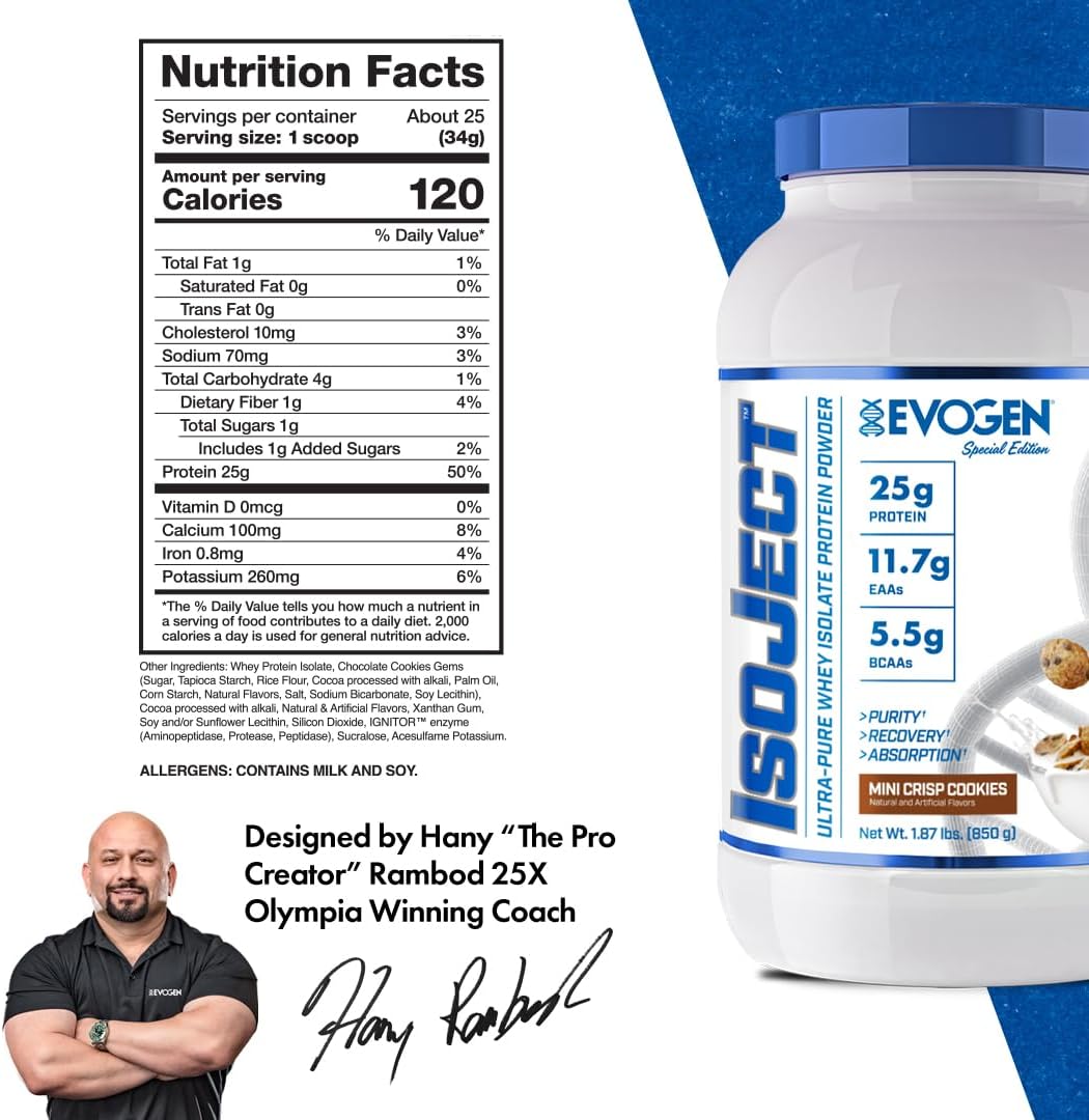 Evogen Isoject Mini Crisp Cookies - Whey Protein Isolate Powder with Enhanced Absorption for Recovery | BCAAs and EAAs | 25 Servings