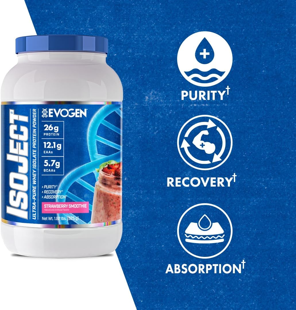 Evogen Isoject Strawberry Smoothie Whey Protein Isolate Powder - Enhanced Recovery & Absorption with BCAAs and EAAs - 25 Servings