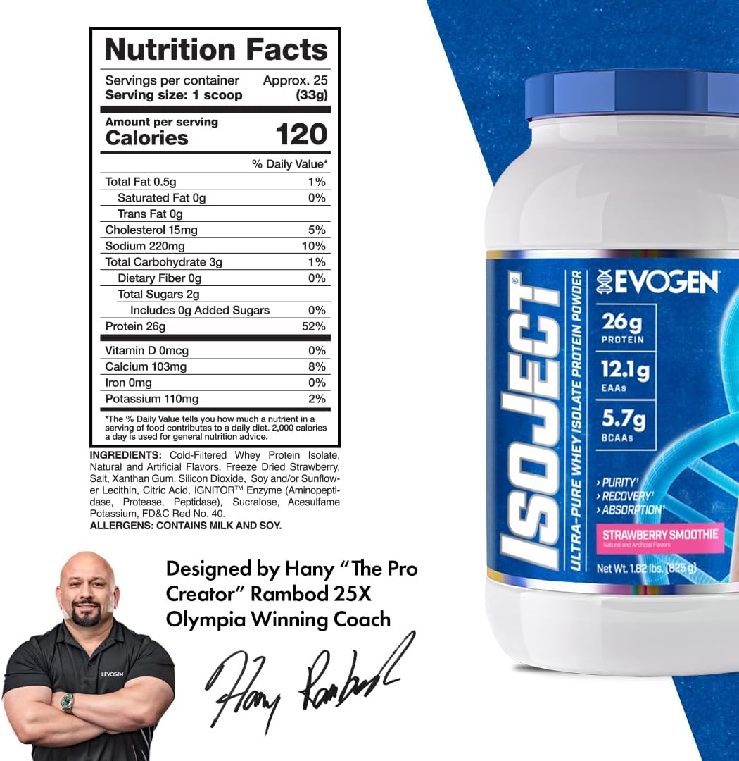 Evogen Isoject Strawberry Smoothie Whey Protein Isolate Powder - Enhanced Recovery & Absorption with BCAAs and EAAs - 25 Servings