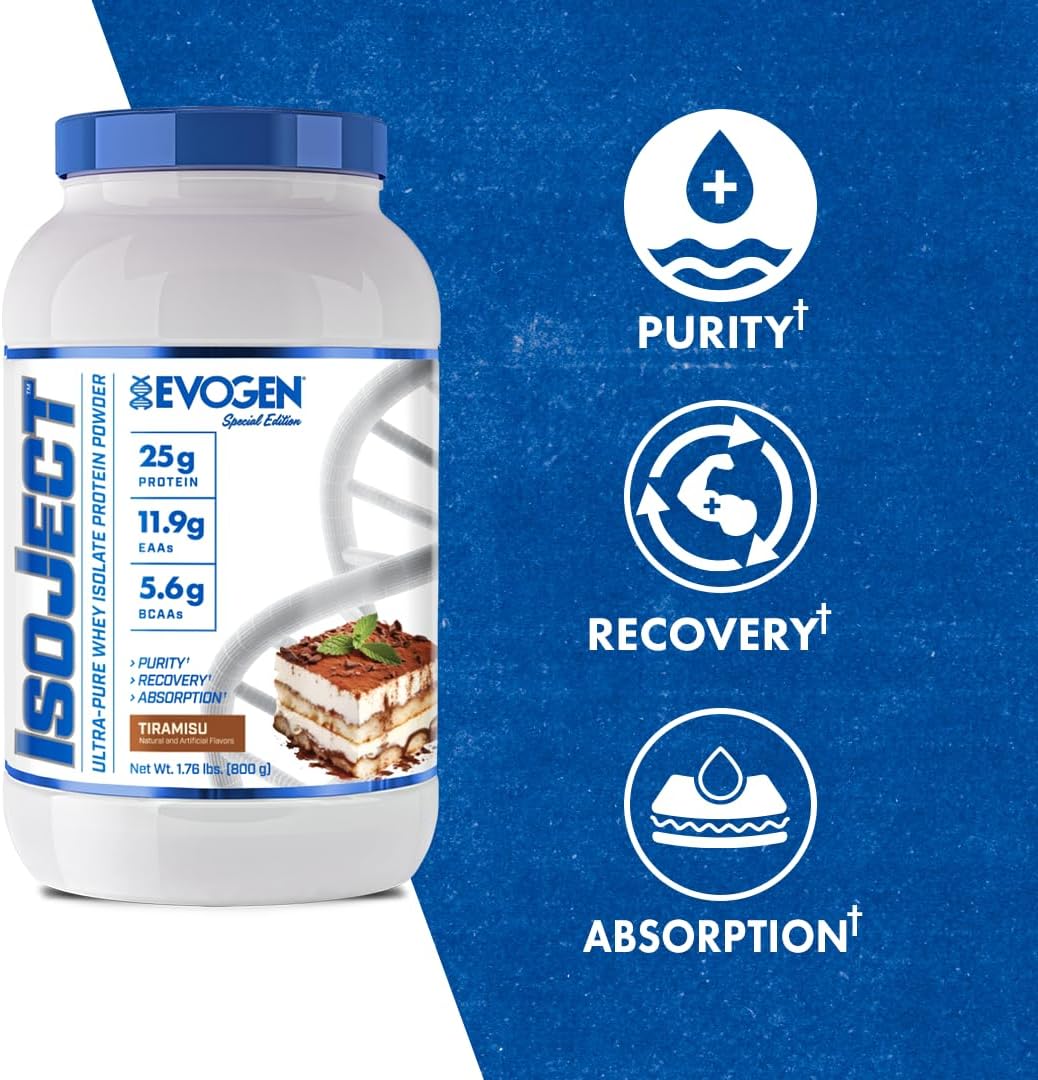 Evogen Isoject Tiramisu Whey Protein Isolate Powder - 25 Servings, Enhanced Recovery & Absorption with Ignitor Enzymes, BCAAs, and EAAs