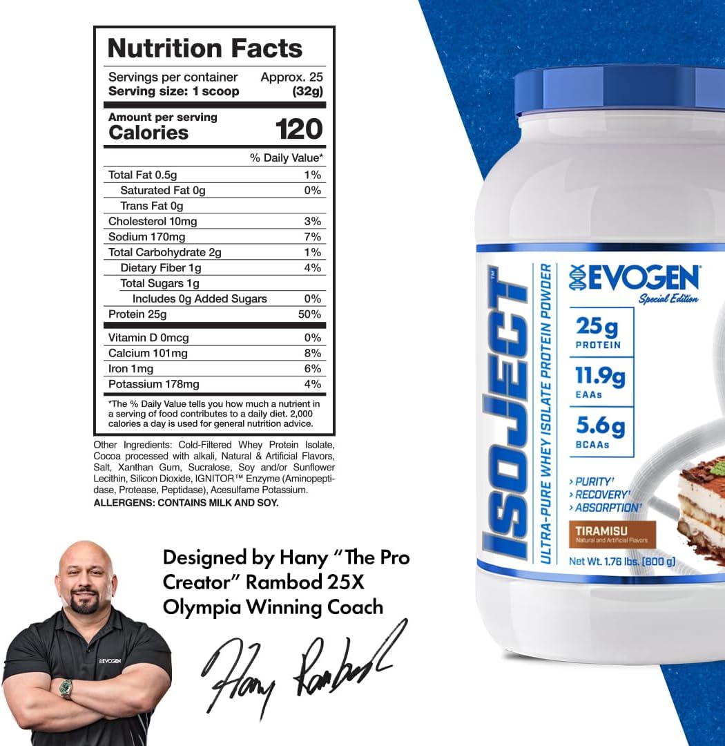 Evogen Isoject Tiramisu Whey Protein Isolate Powder - 25 Servings, Enhanced Recovery & Absorption with Ignitor Enzymes, BCAAs, and EAAs