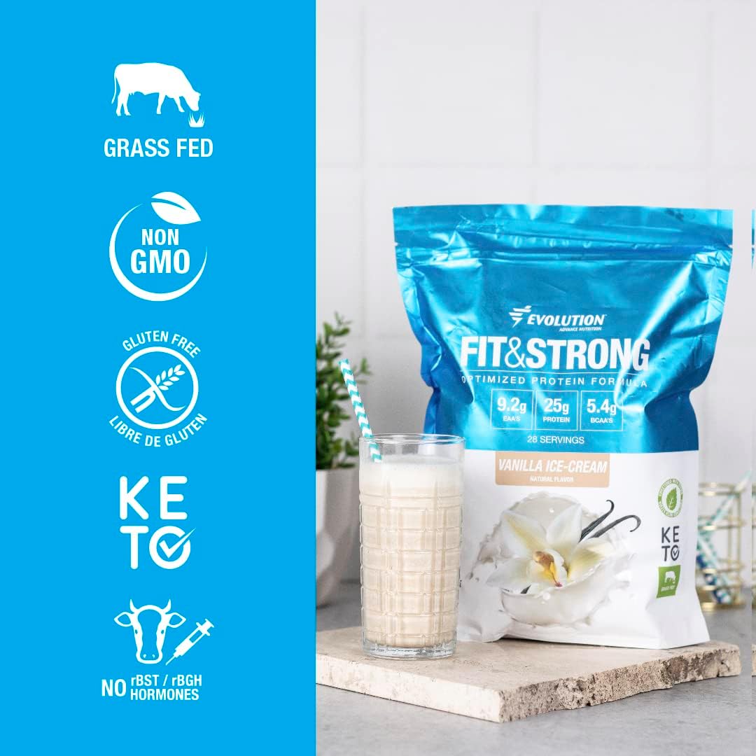 Evolution Advance Sport Nutrition Fit & Strong Whey Protein Powder - Grass-Fed BCAA Blend for Muscle Recovery, 2lbs Vanilla Flavor