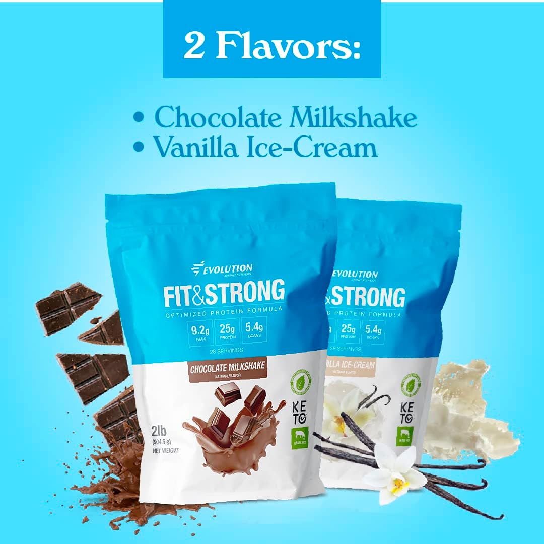 Evolution Advance Sport Nutrition Fit & Strong Whey Protein Powder - Grass-Fed BCAA Blend for Muscle Recovery, 2lbs Vanilla Flavor