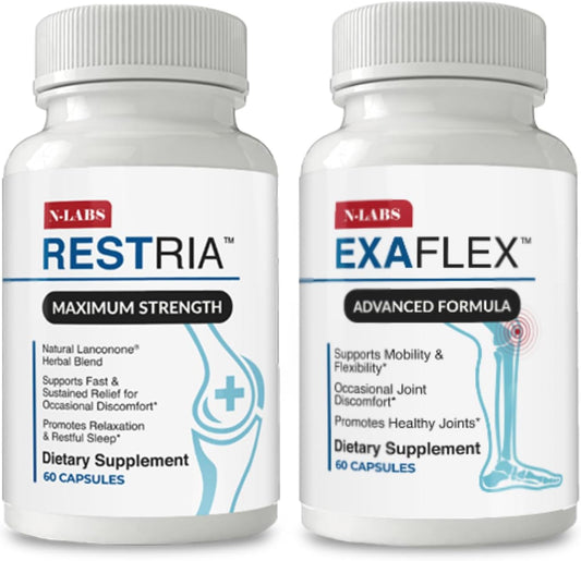 ExaFlex Joint Support & Restria Sleep Aid Combo - Boswellia Extract, Bromelain, Lanconone Herbal Blend