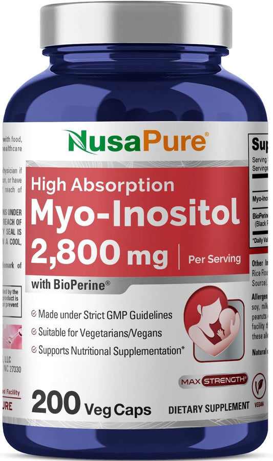Extra Strength 2800mg Myo-Inositol Supplement - 200 Capsules, Non-GMO by NusaPure - BoostGo Australia