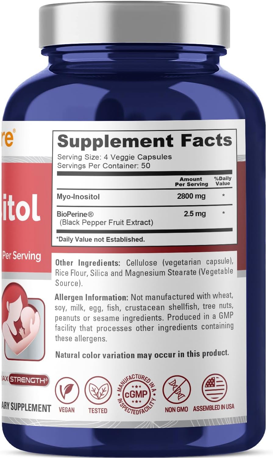 Extra Strength 2800mg Myo-Inositol Supplement - 200 Capsules, Non-GMO by NusaPure - BoostGo Australia