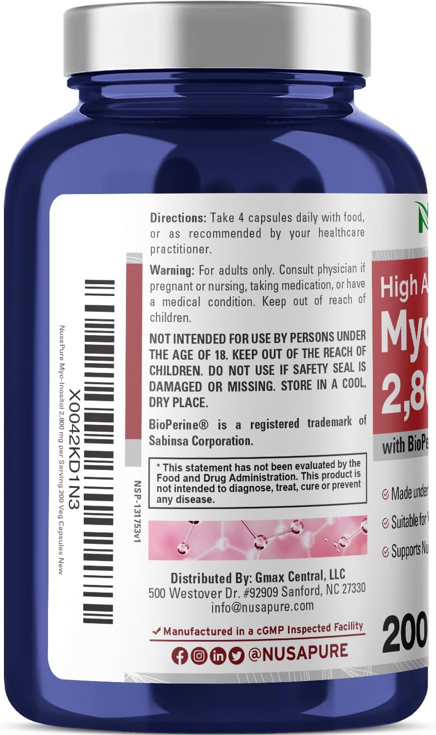 Extra Strength 2800mg Myo-Inositol Supplement - 200 Capsules, Non-GMO by NusaPure - BoostGo Australia