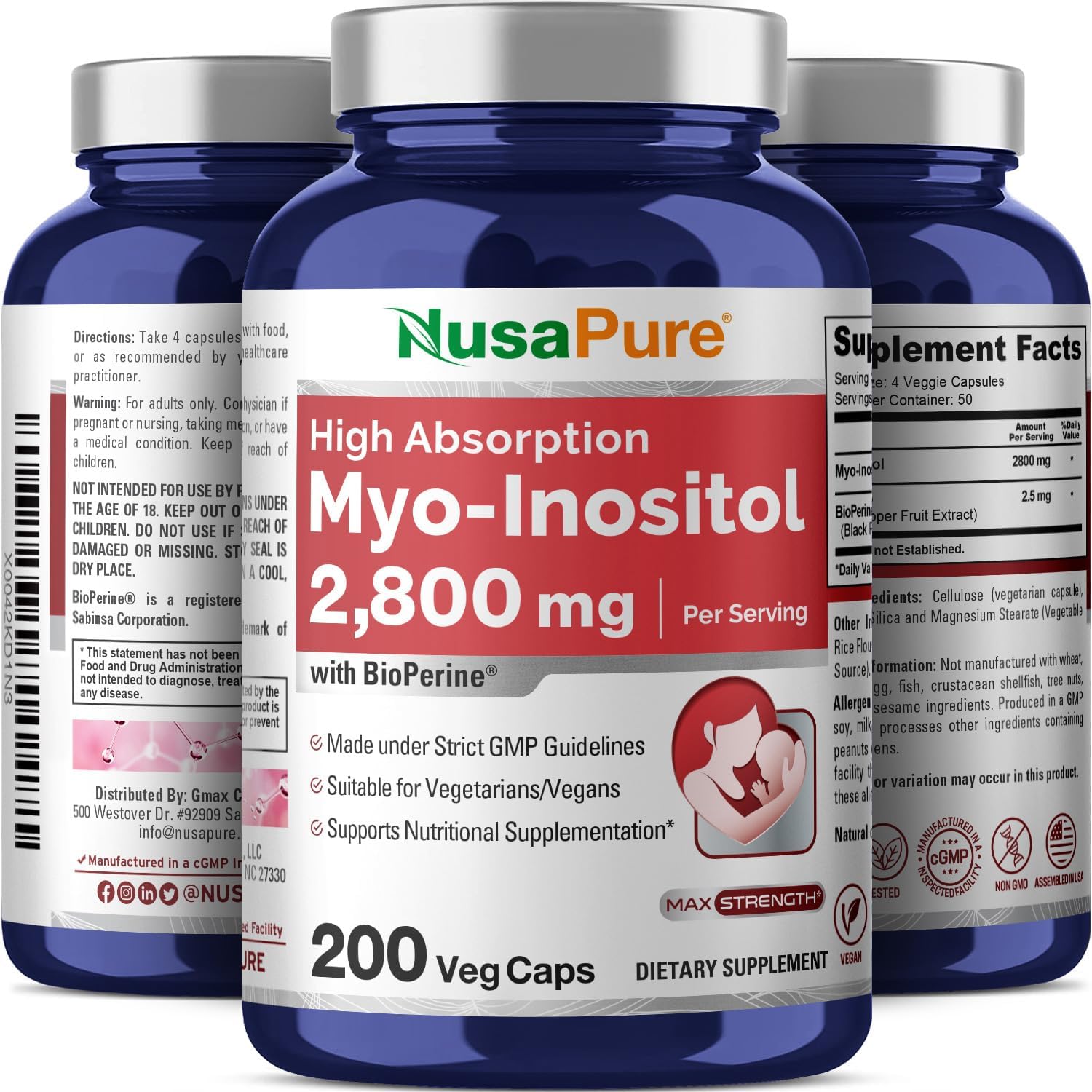 Extra Strength 2800mg Myo-Inositol Supplement - 200 Capsules, Non-GMO by NusaPure - BoostGo Australia