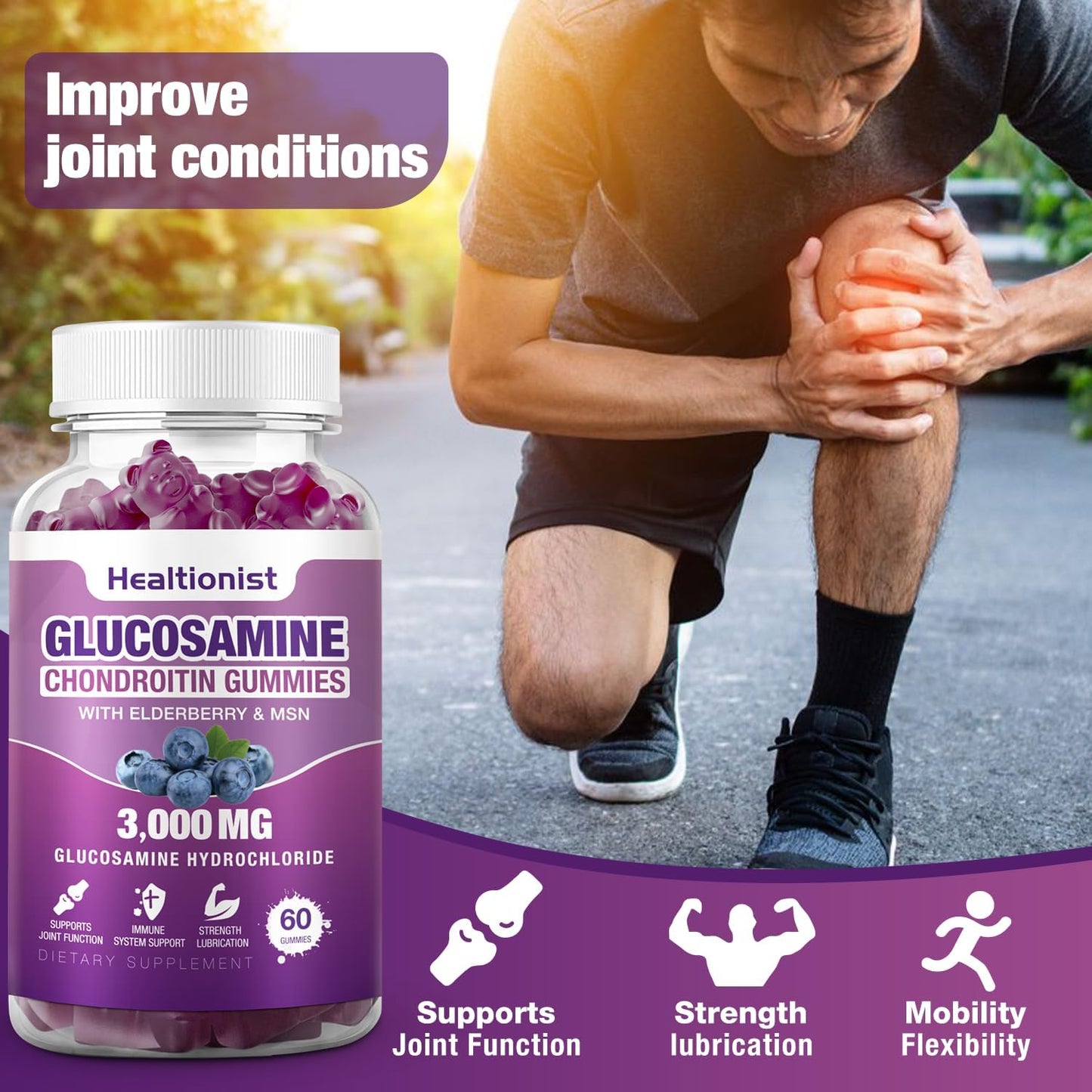 Extra Strength 3000mg Glucosamine Chondroitin Gummies with MSM & Elderberry for Joint Health & Immune Support - 60 Count Joint Supplement Gummy for Adults