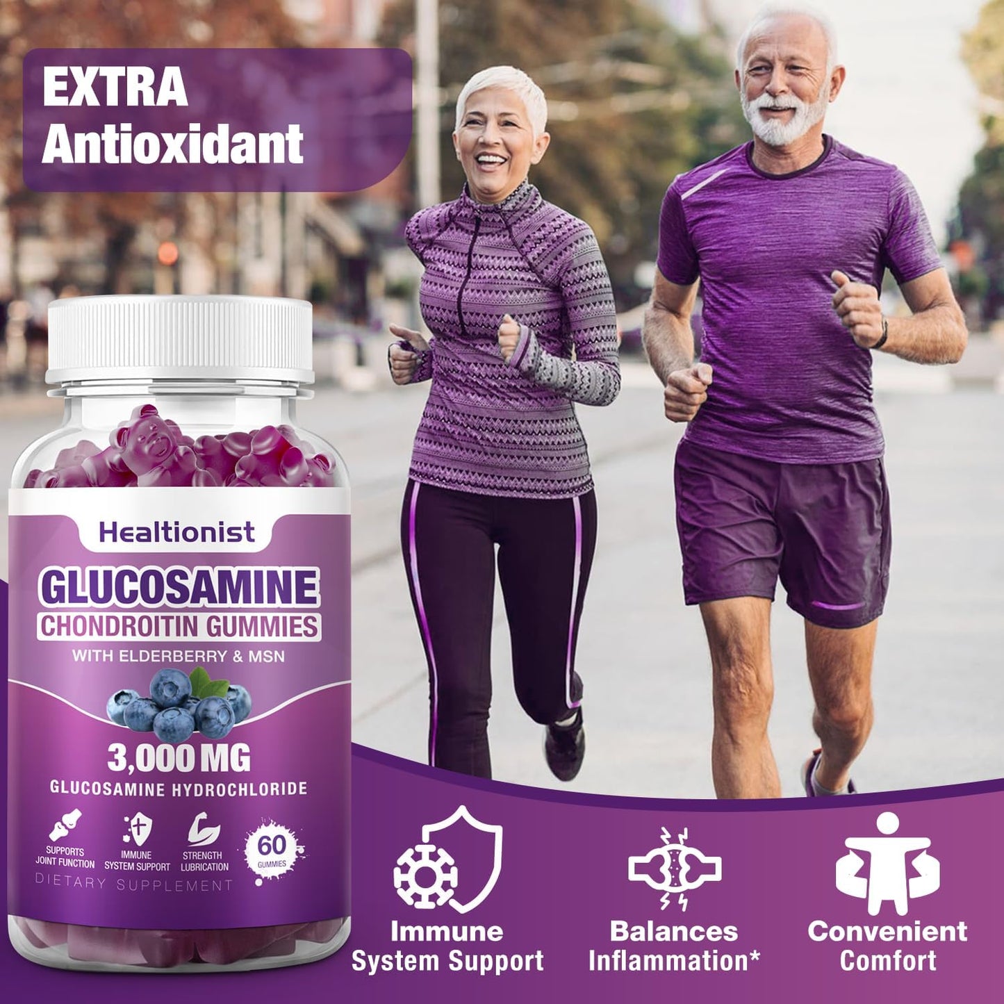 Extra Strength 3000mg Glucosamine Chondroitin Gummies with MSM & Elderberry for Joint Health & Immune Support - 60 Count Joint Supplement Gummy for Adults