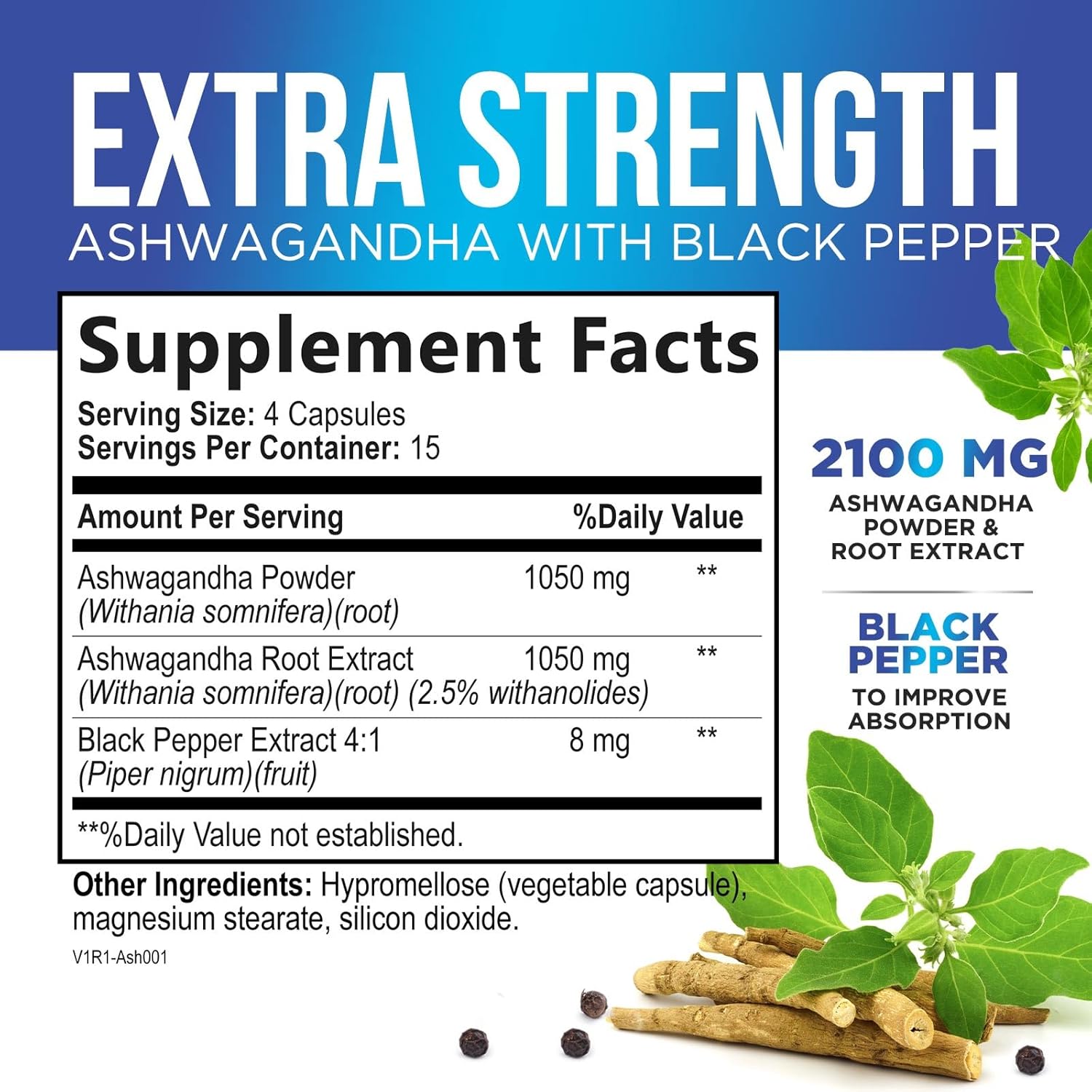 Extra Strength Ashwagandha 2,100 mg Capsules with Black Pepper for Energy and Immune Support