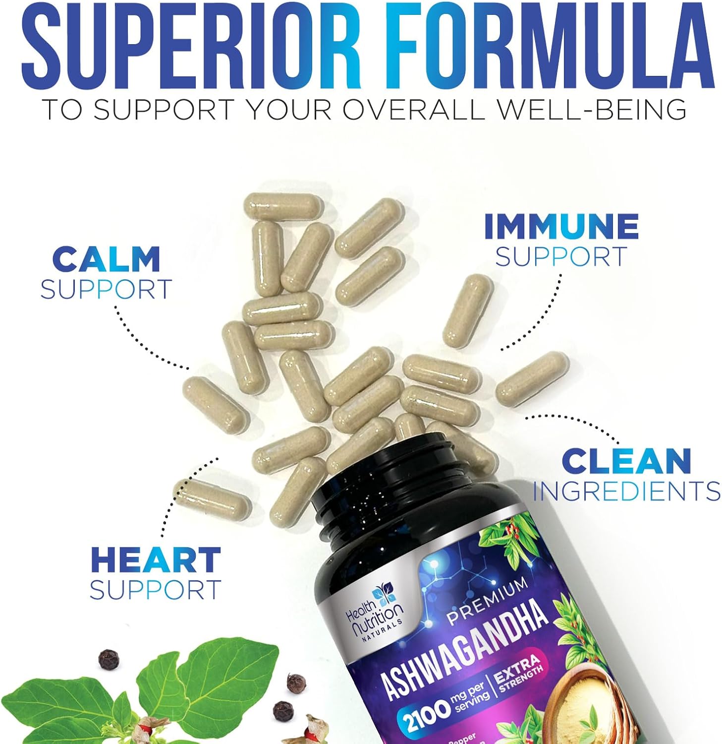 Extra Strength Ashwagandha 2,100 mg Capsules with Black Pepper for Energy and Immune Support