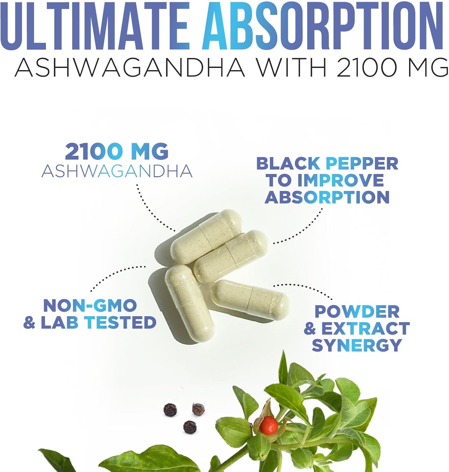 Extra Strength Ashwagandha 2,100 mg Capsules with Black Pepper for Energy and Immune Support