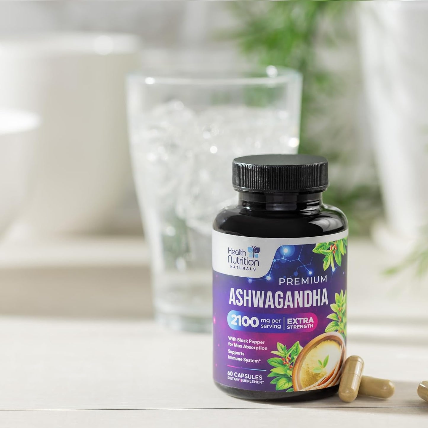 Extra Strength Ashwagandha 2,100 mg Capsules with Black Pepper for Energy and Immune Support