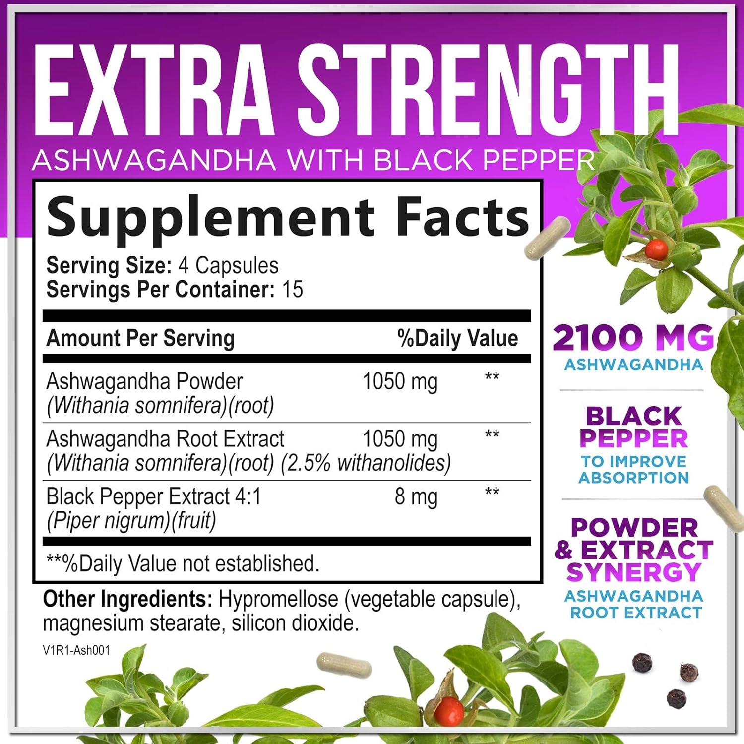 Extra Strength Ashwagandha for Women - 2,100mg Pure Powder Antioxidant Support with Black Pepper - Vegan Adaptogen Formula for Energy & Immune Support - 60 Capsules
