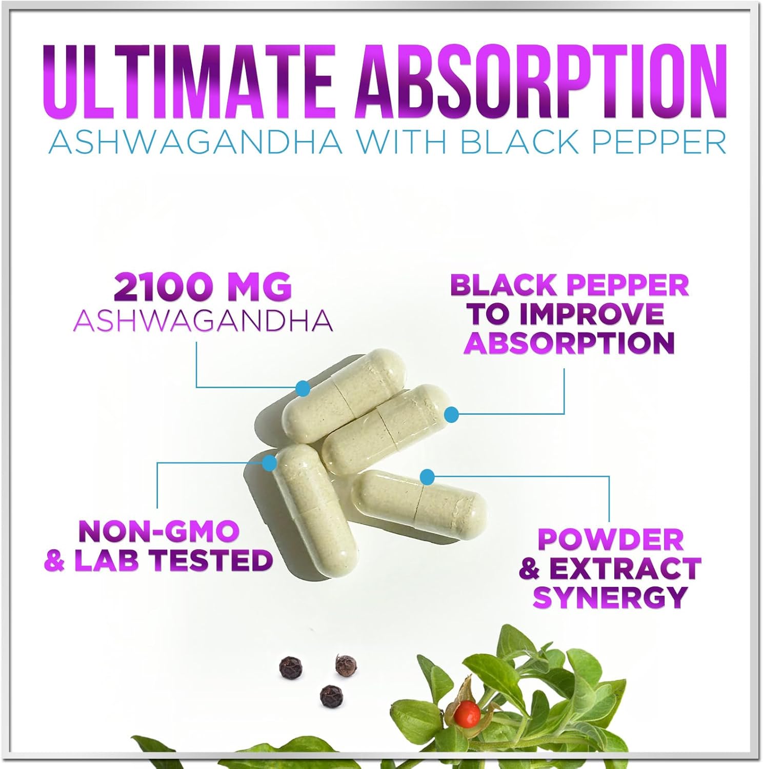 Extra Strength Ashwagandha for Women - 2,100mg Pure Powder Antioxidant Support with Black Pepper - Vegan Adaptogen Formula for Energy & Immune Support - 60 Capsules