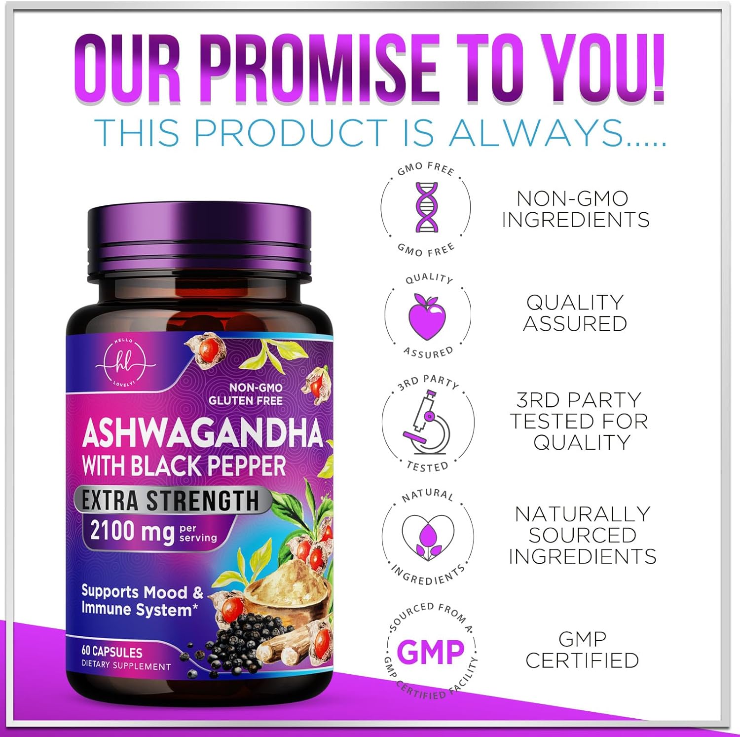 Extra Strength Ashwagandha for Women - 2,100mg Pure Powder Antioxidant Support with Black Pepper - Vegan Adaptogen Formula for Energy & Immune Support - 60 Capsules