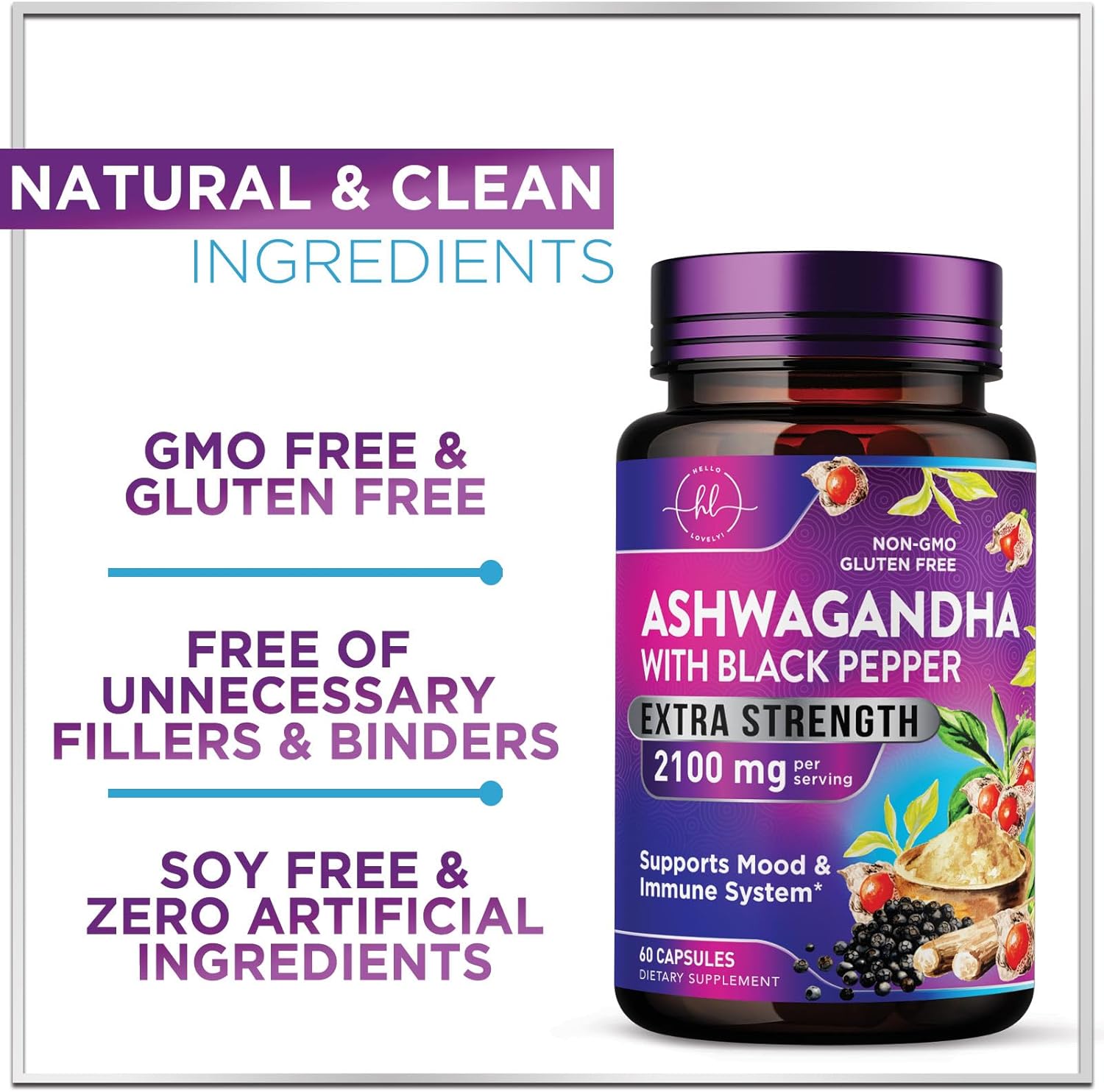 Extra Strength Ashwagandha for Women - 2,100mg Pure Powder Antioxidant Support with Black Pepper - Vegan Adaptogen Formula for Energy & Immune Support - 60 Capsules