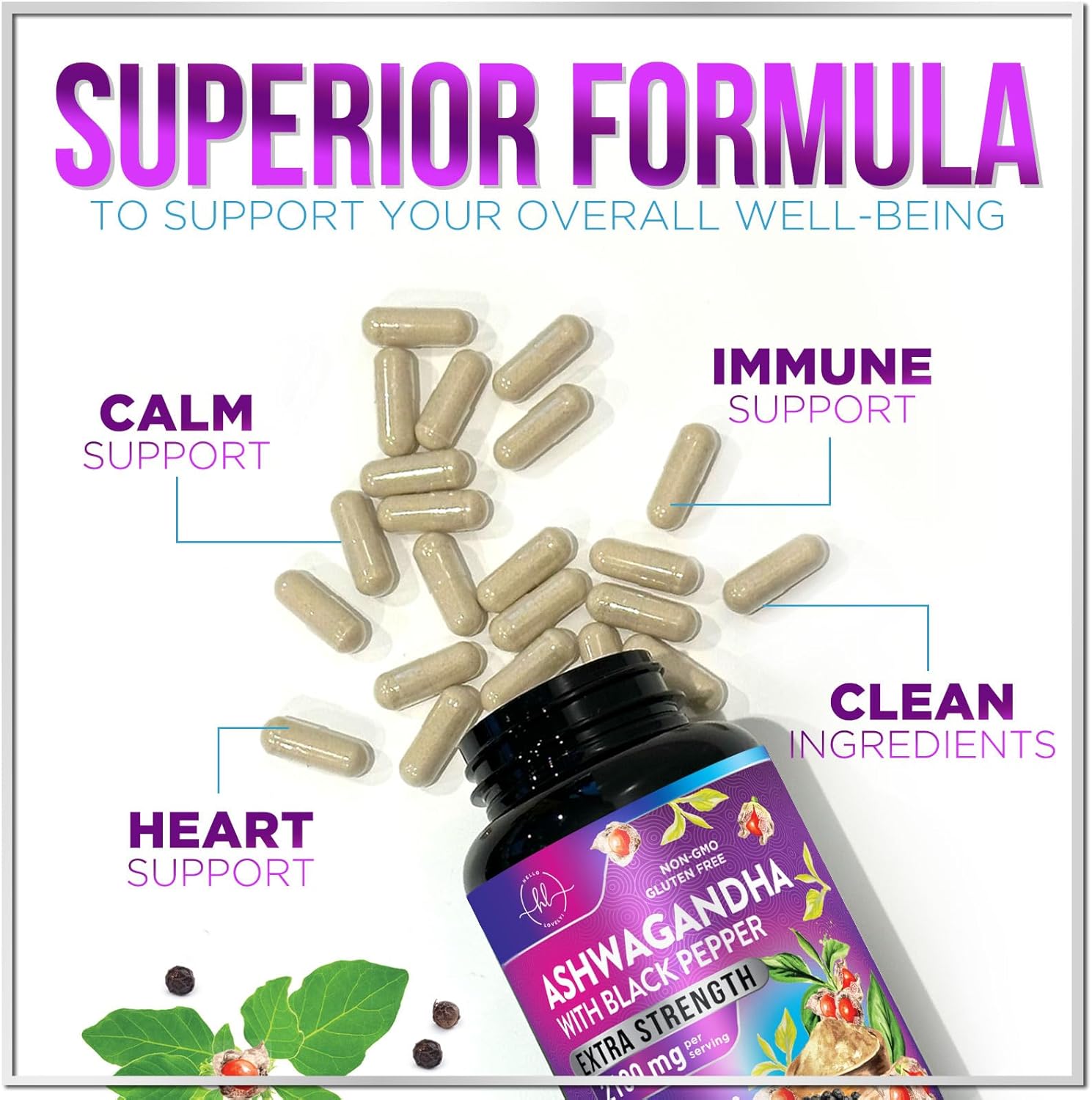 Extra Strength Ashwagandha for Women - 2,100mg Pure Powder Antioxidant Support with Black Pepper - Vegan Adaptogen Formula for Energy & Immune Support - 60 Capsules