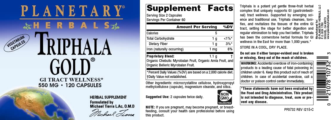 Extra Strength Ayurvedic Triphala Gold 550mg Cleanser & Tonifier - 120 Veg Capsules by Planetary Herbals