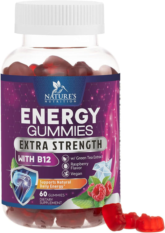 Extra Strength B12 Energy Gummies with Green Tea Caffeine Support - 1000 mcg Vitamins for Cycling & Running - 60 Berry Chews