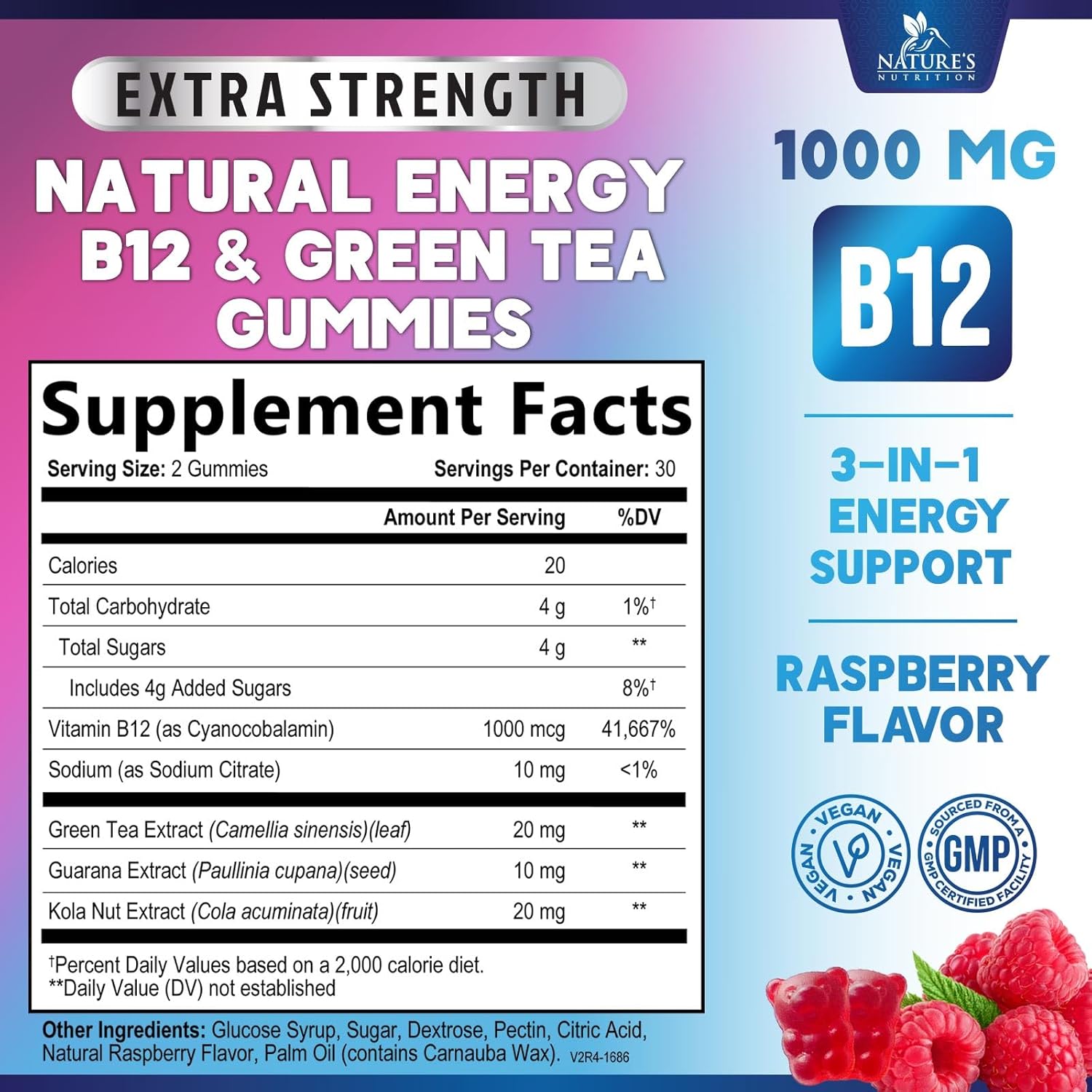 Extra Strength B12 Energy Gummies with Green Tea Caffeine Support - 1000 mcg Vitamins for Cycling & Running - 60 Berry Chews