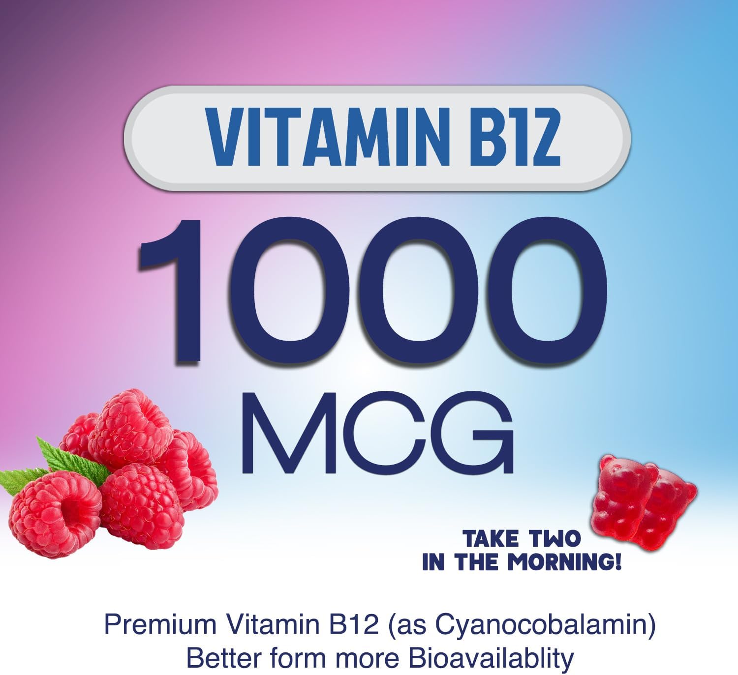 Extra Strength B12 Energy Gummies with Green Tea Caffeine Support - 1000 mcg Vitamins for Cycling & Running - 60 Berry Chews