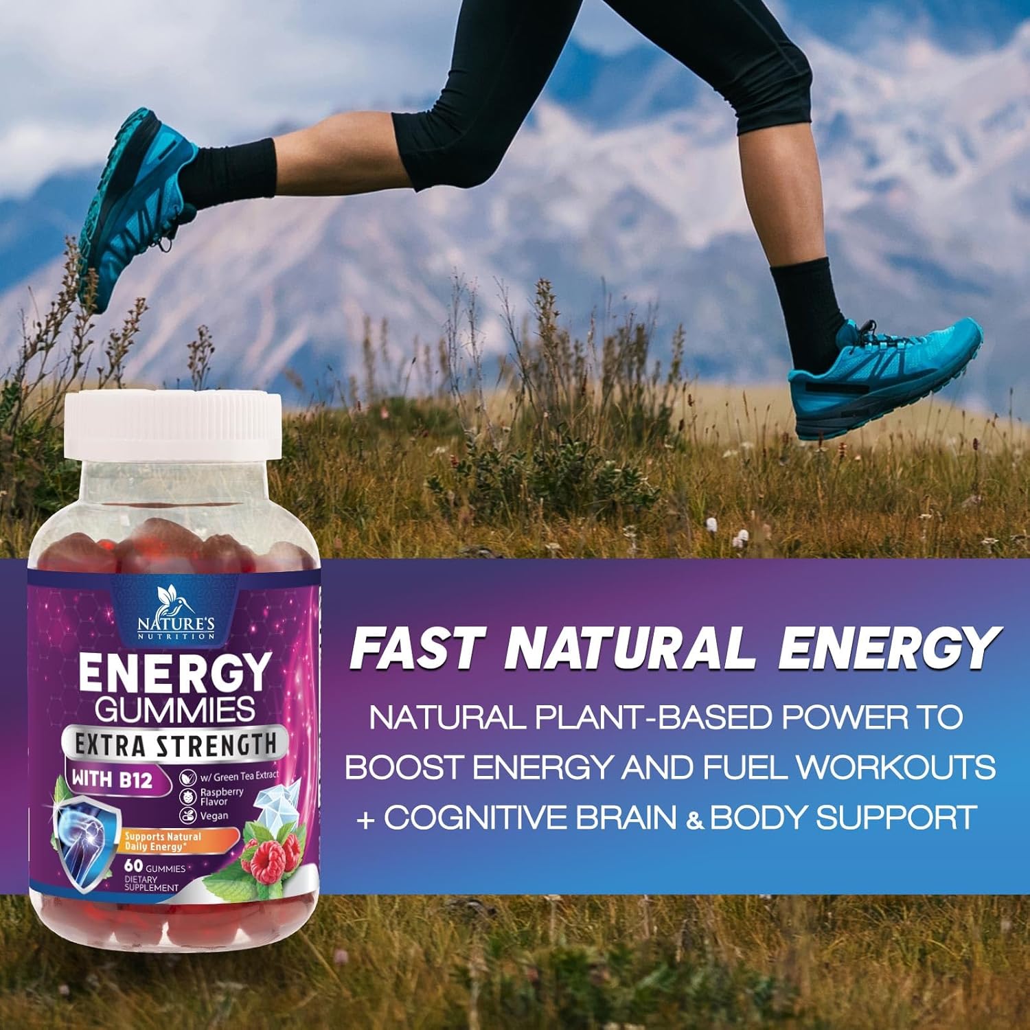 Extra Strength B12 Energy Gummies with Green Tea Caffeine Support - 1000 mcg Vitamins for Cycling & Running - 60 Berry Chews