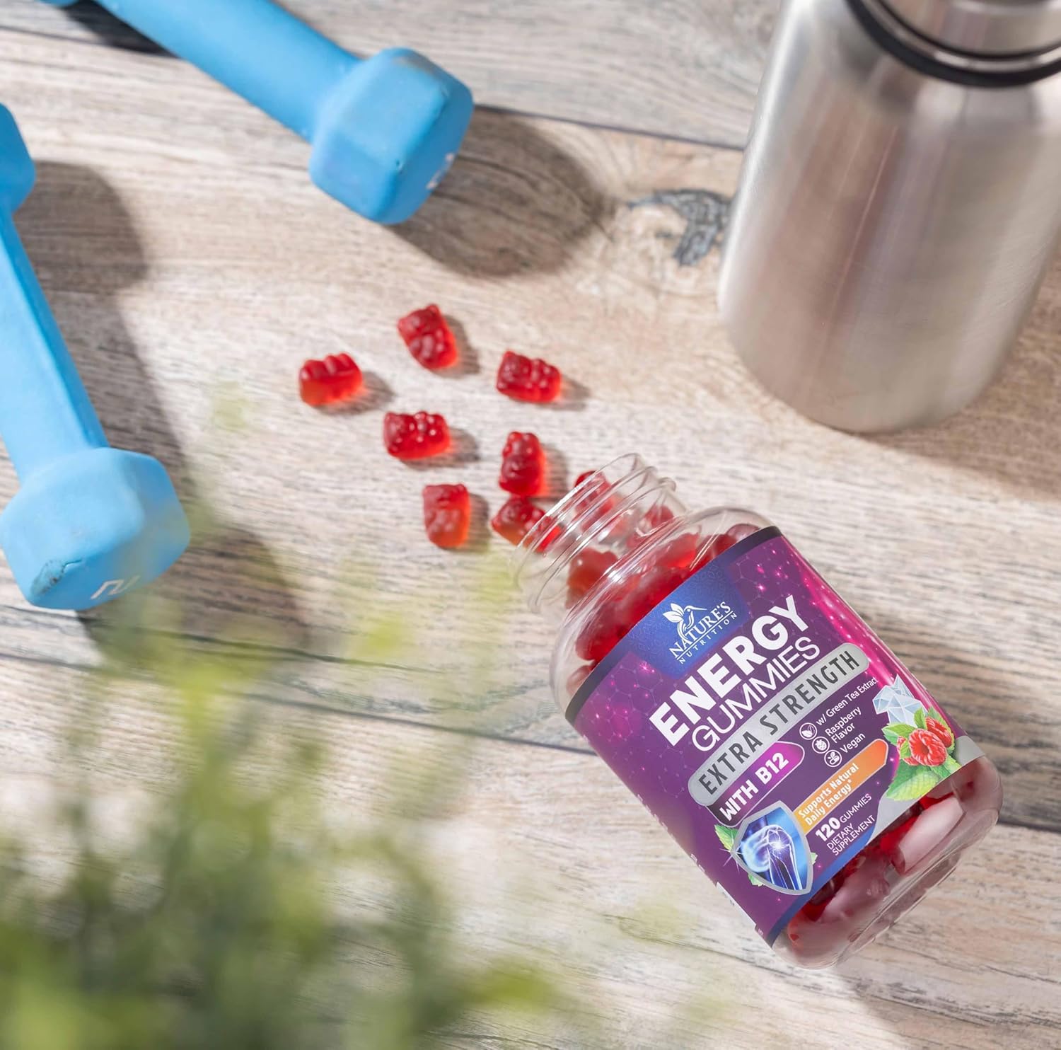 Extra Strength B12 Energy Gummies with Green Tea Caffeine Support - 1000 mcg Vitamins for Cycling & Running - 60 Berry Chews