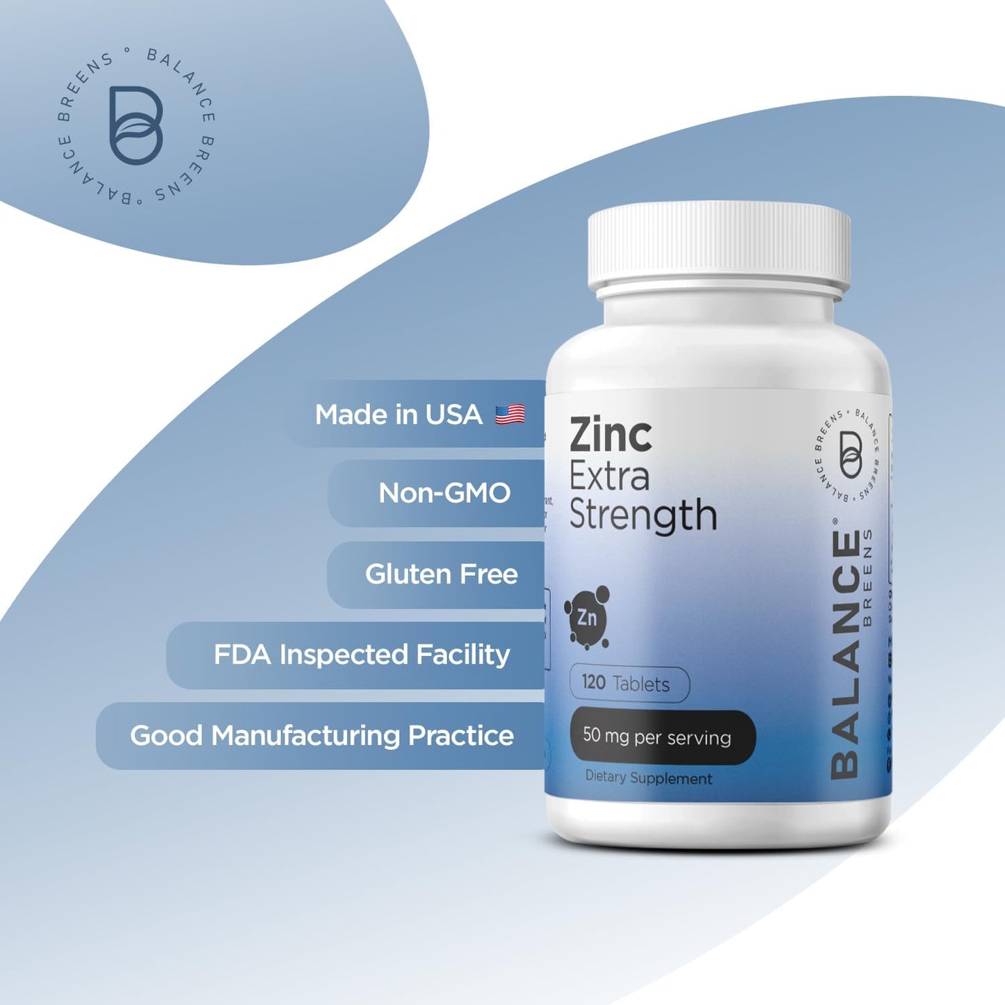 Extra Strength Balancebreens Zinc 50mg Tablets - Promotes Skin Health, Wound Healing & Immune Support - 120 Vegetarian Tabs, Ultra-Absorbable - BoostGo Australia