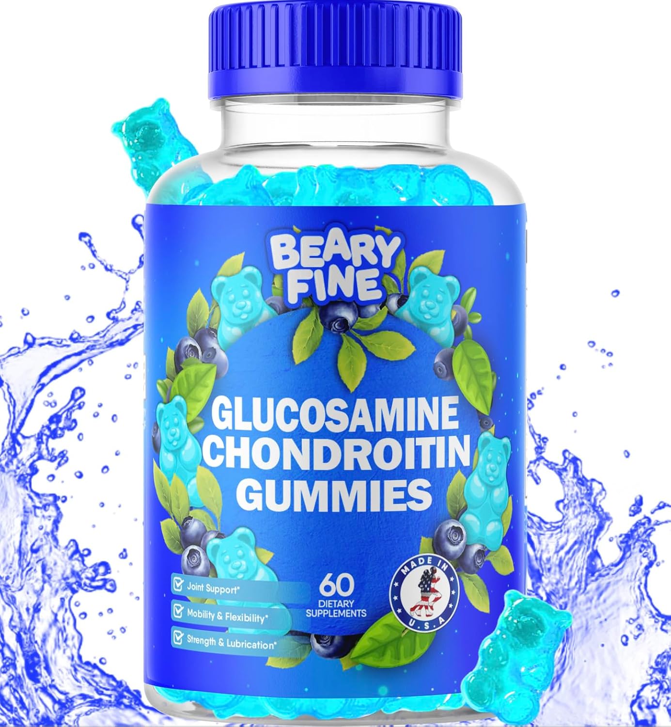 Extra Strength Beary Fine Glucosamine Chondroitin Gummies with MSM for Joint Support - 60 Supplements for Men & Women - Made in USA