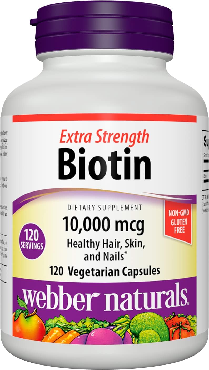 Extra Strength Biotin 10,000 mcg Capsules - 120 Count - Vegan Hair, Skin, and Nails Vitamin Supplement