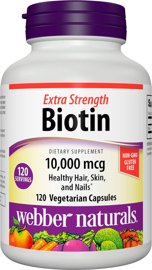 Extra Strength Biotin 10,000 mcg Capsules - 120 Count - Vegan Hair, Skin, and Nails Vitamin Supplement