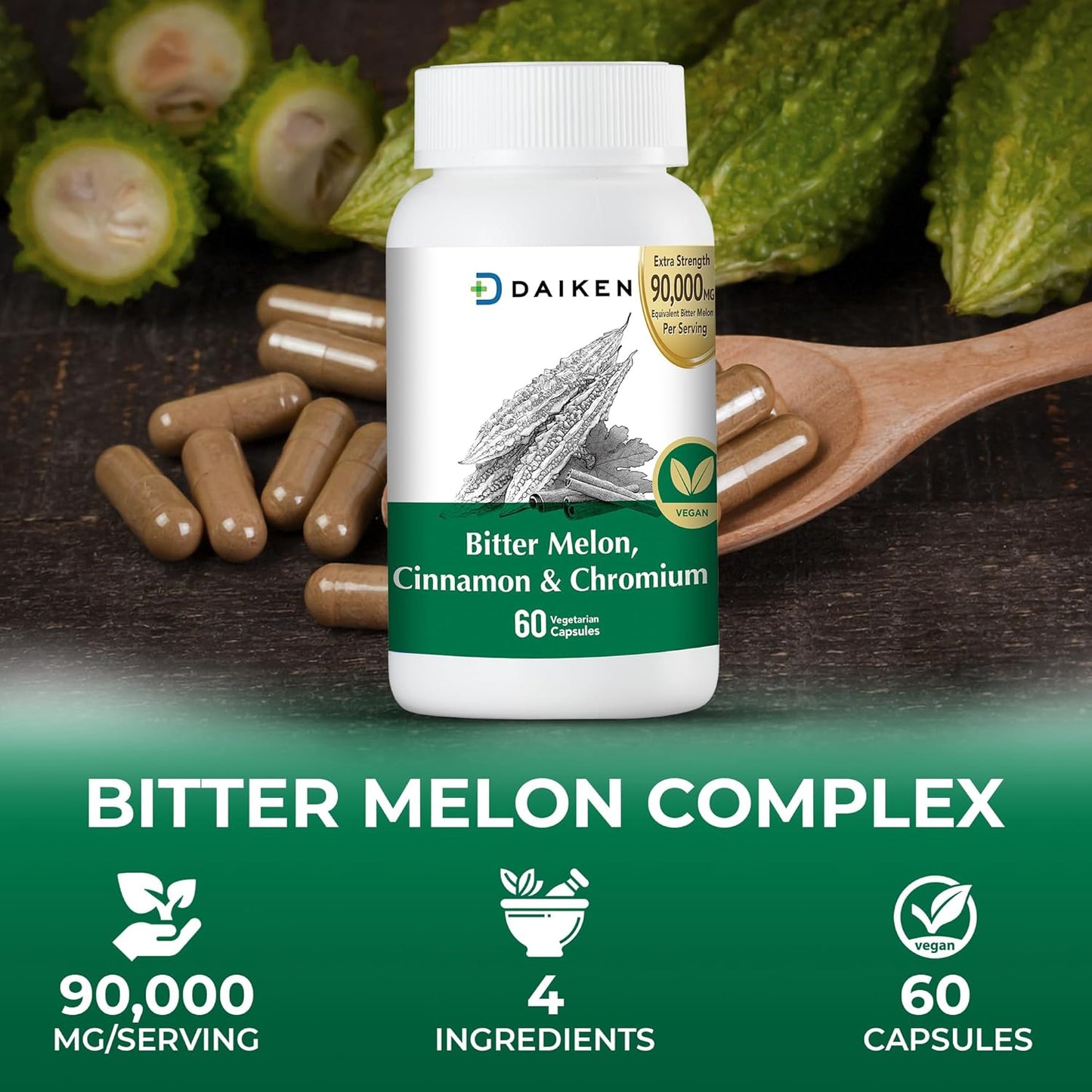 Extra Strength Bitter Melon Capsules with Cinnamon, Chromium & Zinc - 90,000 mg Per Serving - 100% Vegetarian - 2 Pack of 60 Capsules
