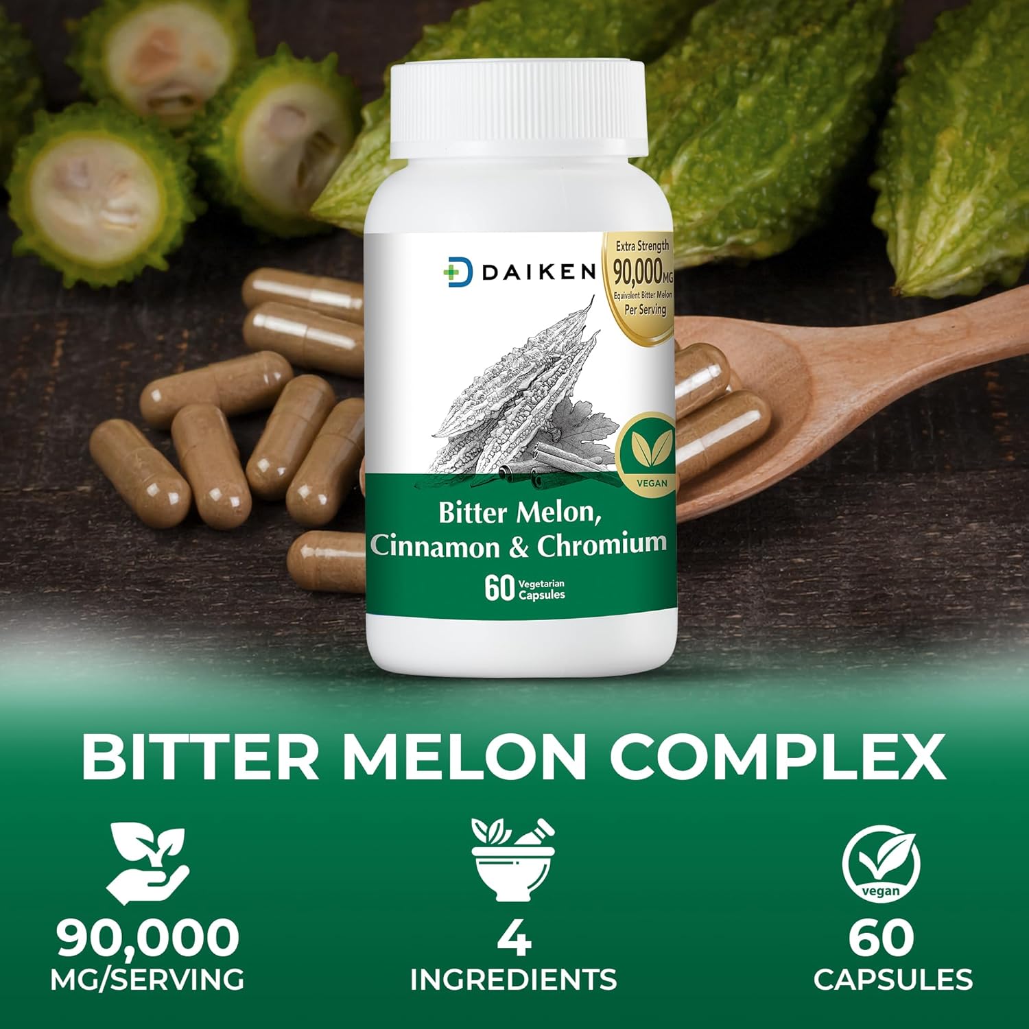 Extra Strength Bitter Melon Capsules with Cinnamon, Chromium, and Zinc - 60 Capsules, 90,000 mg Bitter Melon Equivalent - 100% Vegetarian