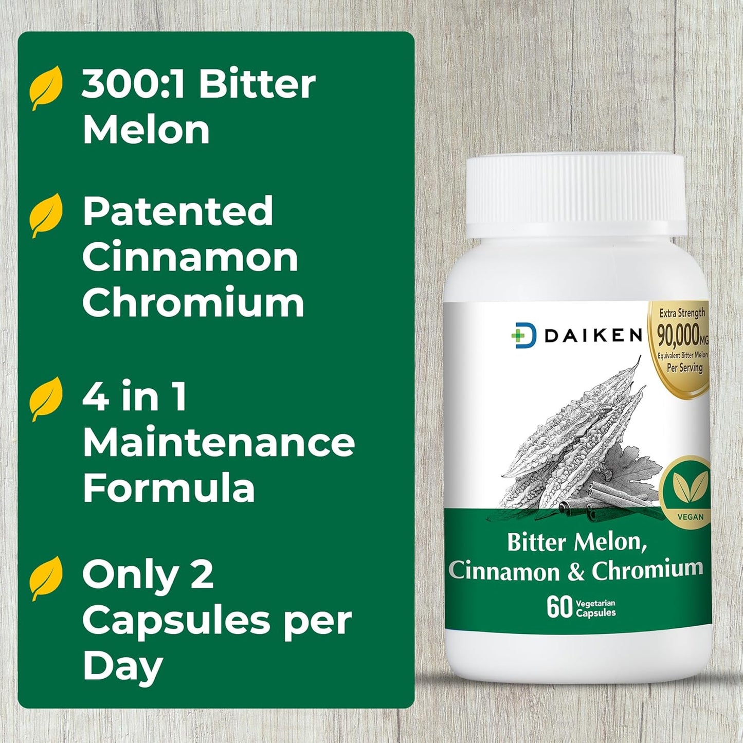 Extra Strength Bitter Melon Capsules with Cinnamon, Chromium, and Zinc - 60 Capsules, 90,000 mg Bitter Melon Equivalent - 100% Vegetarian