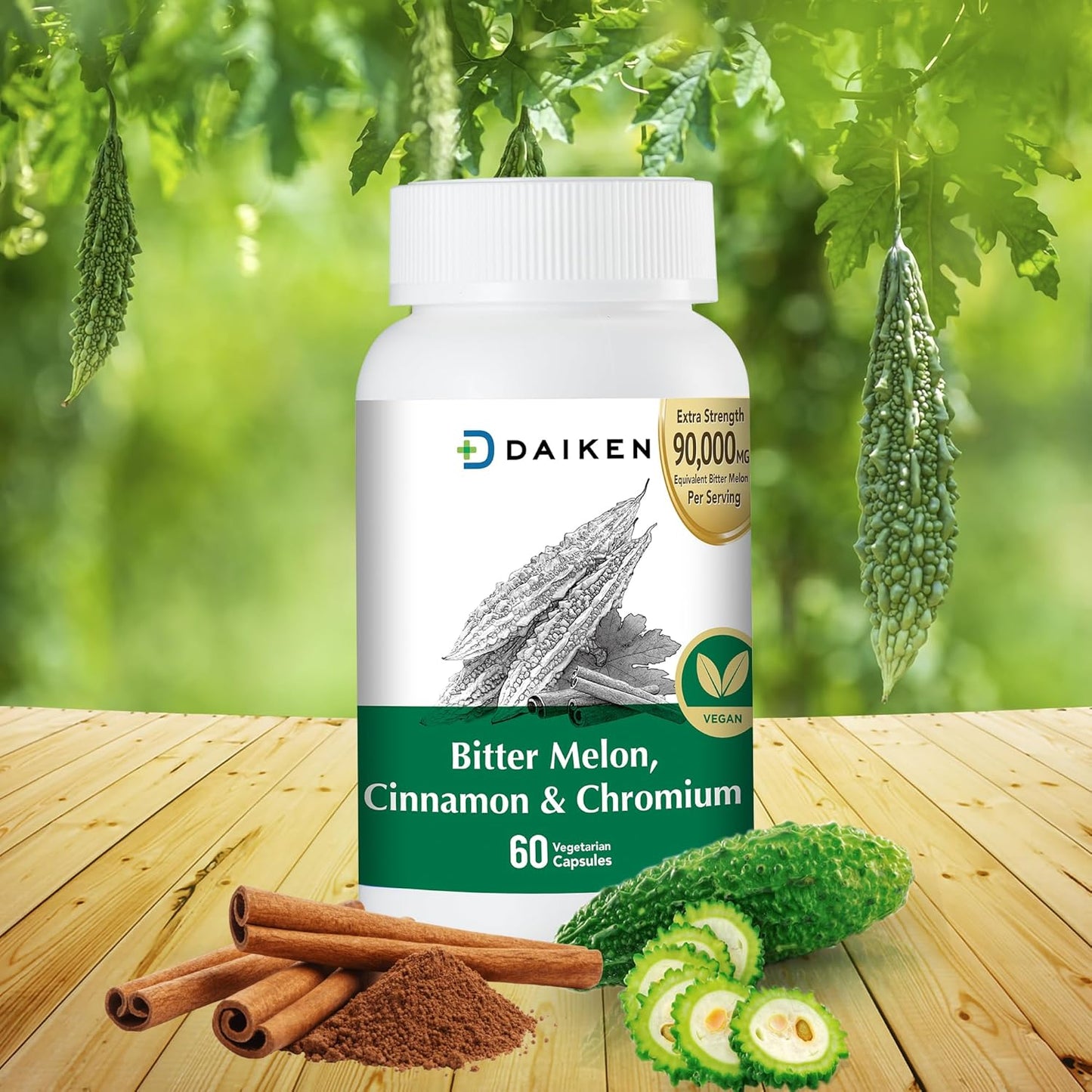 Extra Strength Bitter Melon Capsules with Cinnamon, Chromium, and Zinc - 60 Capsules, 90,000 mg Bitter Melon Equivalent - 100% Vegetarian